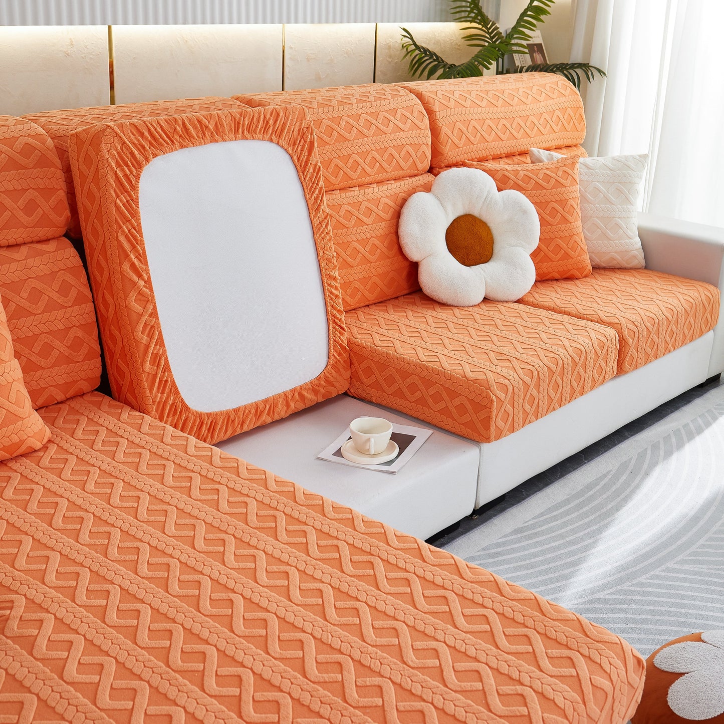 Stretch Couch Seat Cushion Covers, Sofa Slipcover Sofa Cover Soft Flexibility with Elastic Bottom on an orange modern sofa.