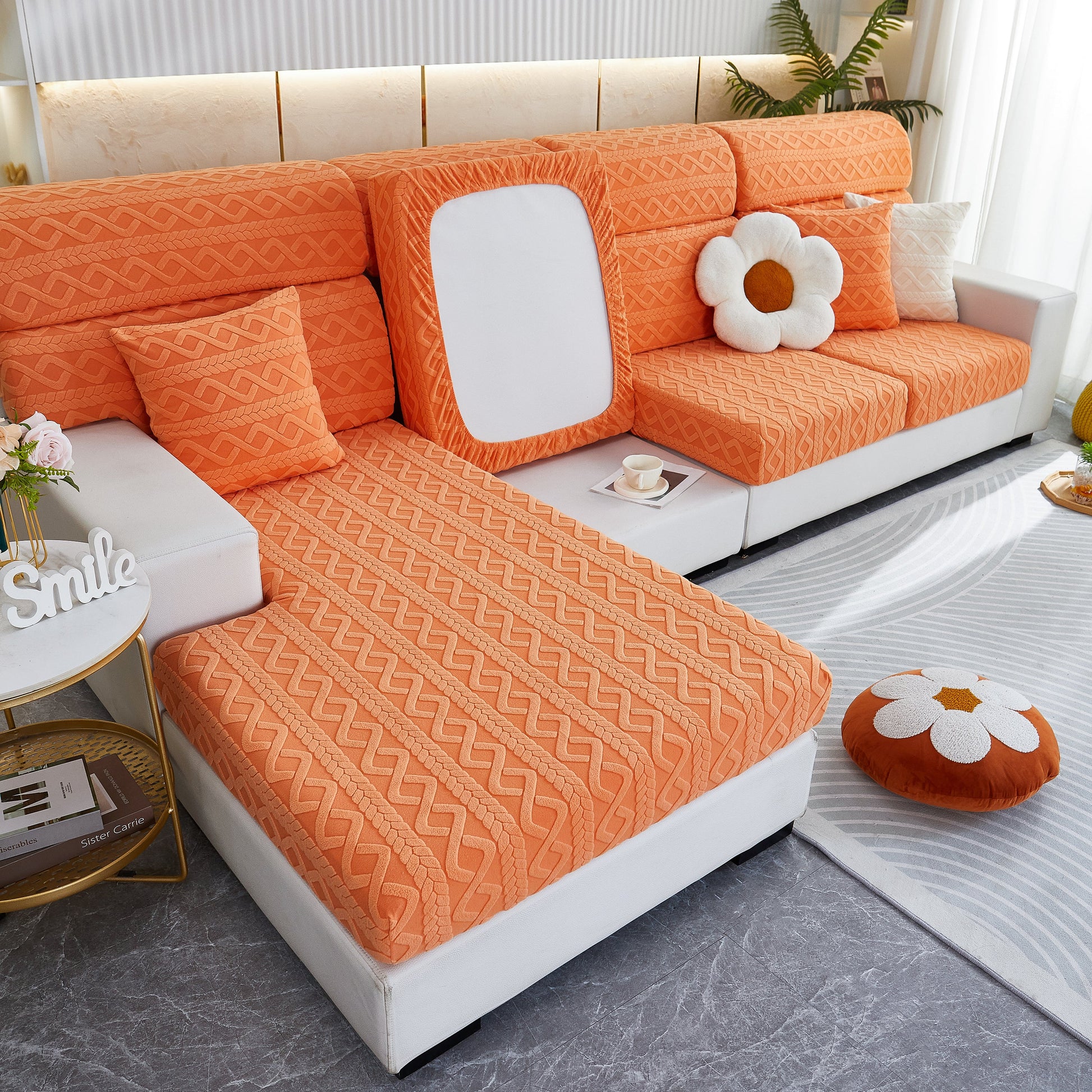 Stretch Couch Seat Cushion Covers, Sofa Slipcover Sofa Cover Soft Flexibility with Elastic Bottom in orange pattern