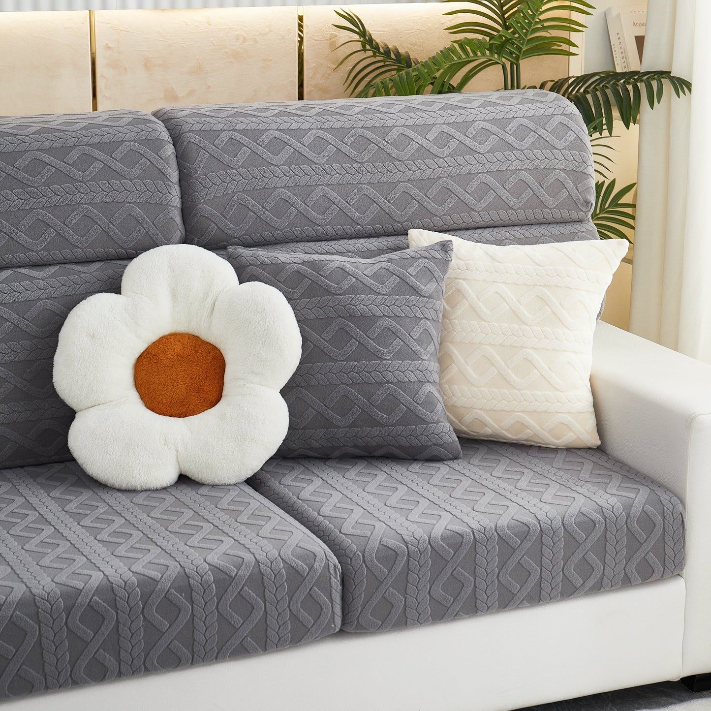 Stretch Couch Seat Cushion Covers, Sofa Slipcover Sofa Cover Soft Flexibility with Elastic Bottom on a modern sofa.
