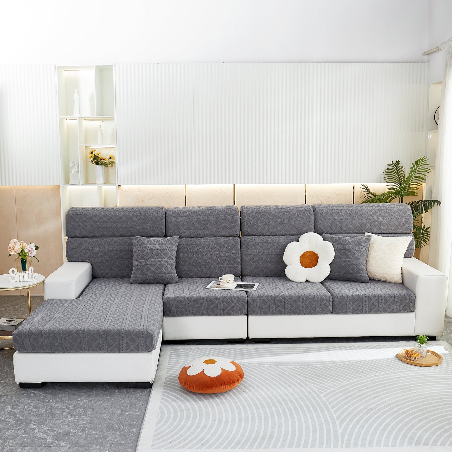 Stylish living room with grey Stretch Couch Seat Cushion Covers, Sofa Slipcover Sofa Cover Soft Flexibility with Elastic Bottom.