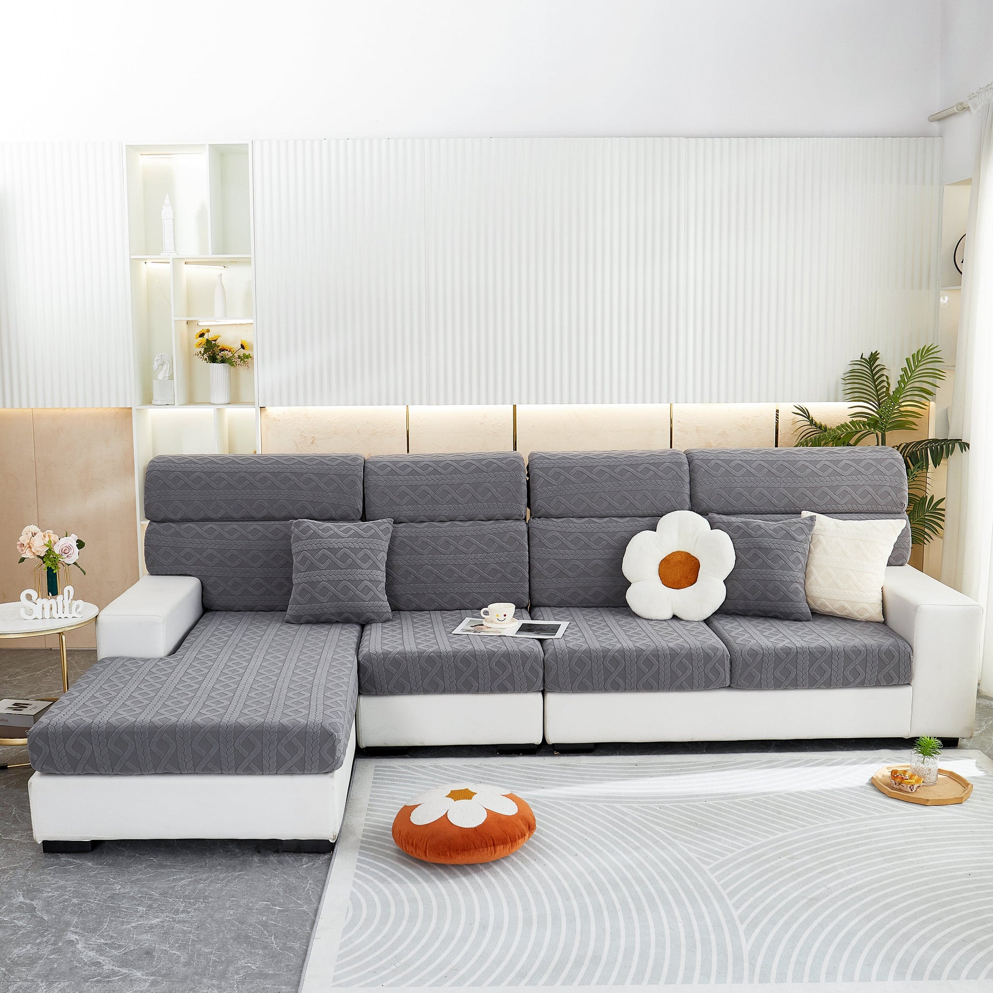 Stylish living room with grey Stretch Couch Seat Cushion Covers, Sofa Slipcover Sofa Cover Soft Flexibility with Elastic Bottom.