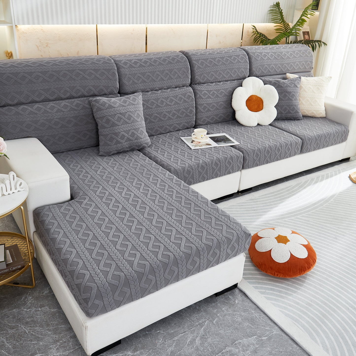 Modern living room with gray Stretch Couch Seat Cushion Covers, Sofa Slipcover Sofa Cover Soft Flexibility with Elastic Bottom for protection.