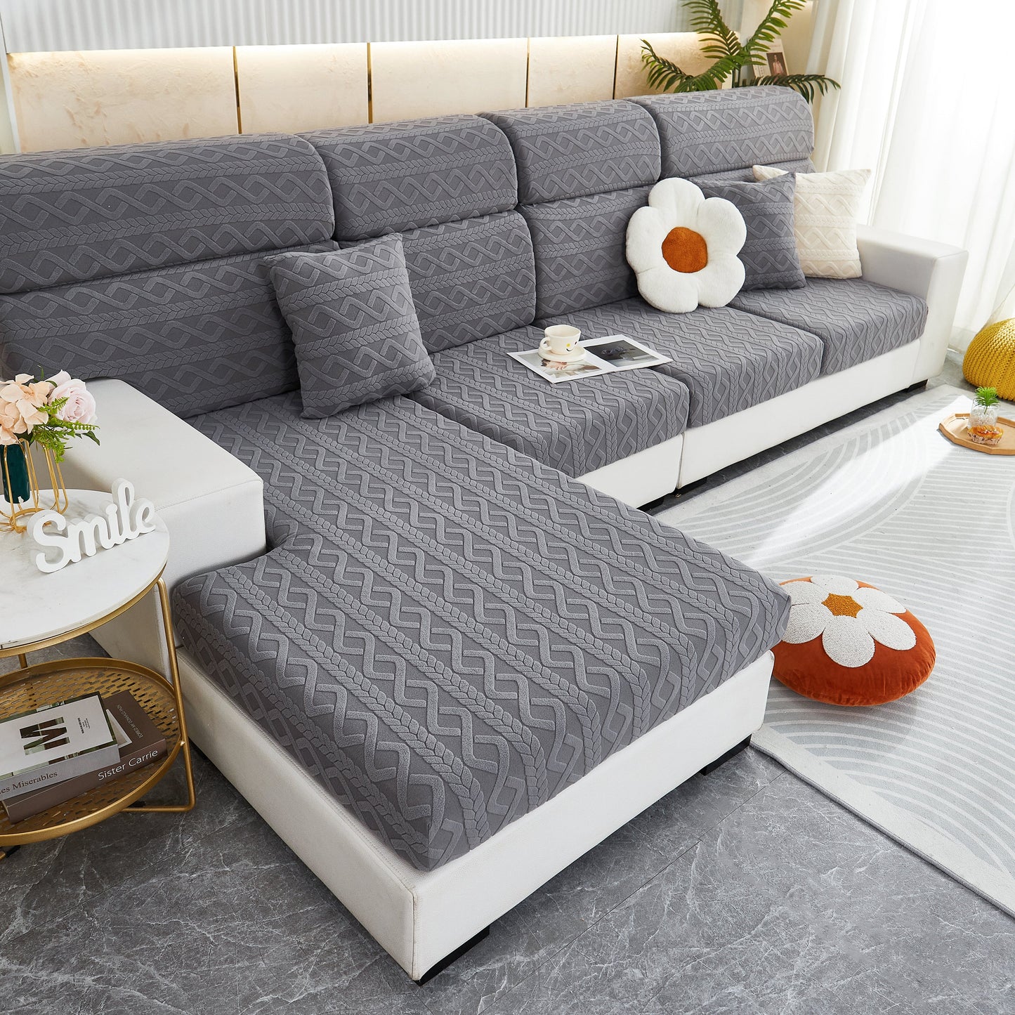 Stretch Couch Seat Cushion Covers, Sofa Slipcover Sofa Cover Soft Flexibility with Elastic Bottom in modern living room setting.