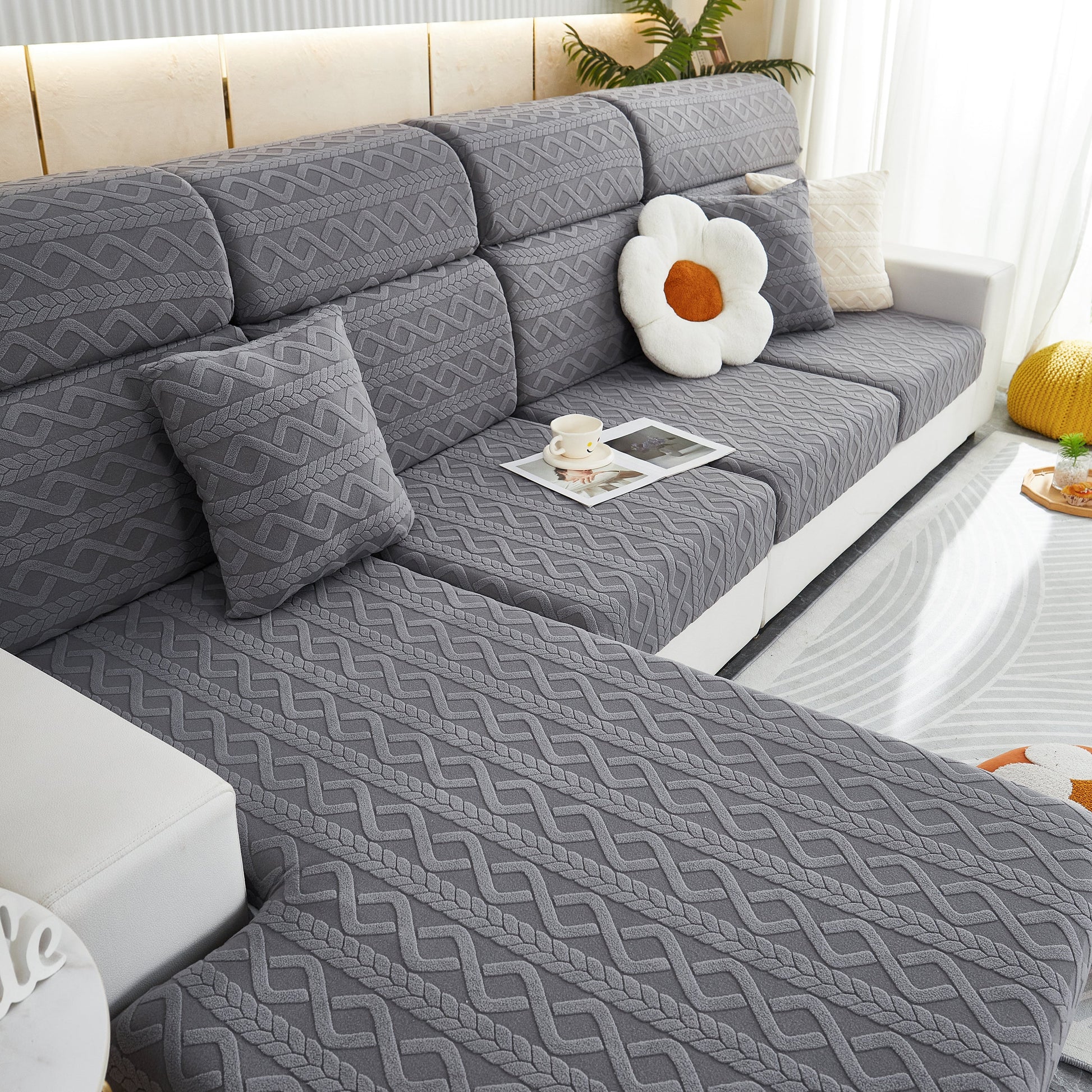 Gray sofa with Stretch Couch Seat Cushion Covers, Sofa Slipcover Sofa Cover Soft Flexibility with Elastic Bottom, decorative cushions on top.