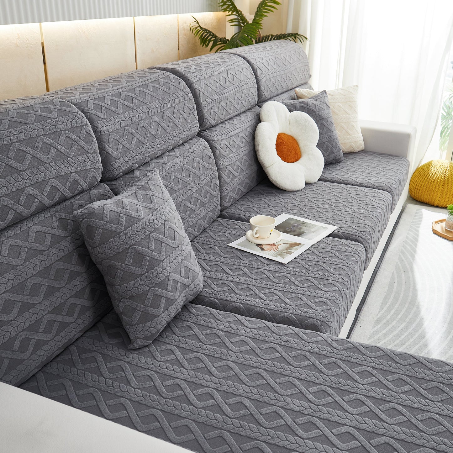 Stretch Couch Seat Cushion Covers, Sofa Slipcover Sofa Cover Soft Flexibility with Elastic Bottom on a grey sofa