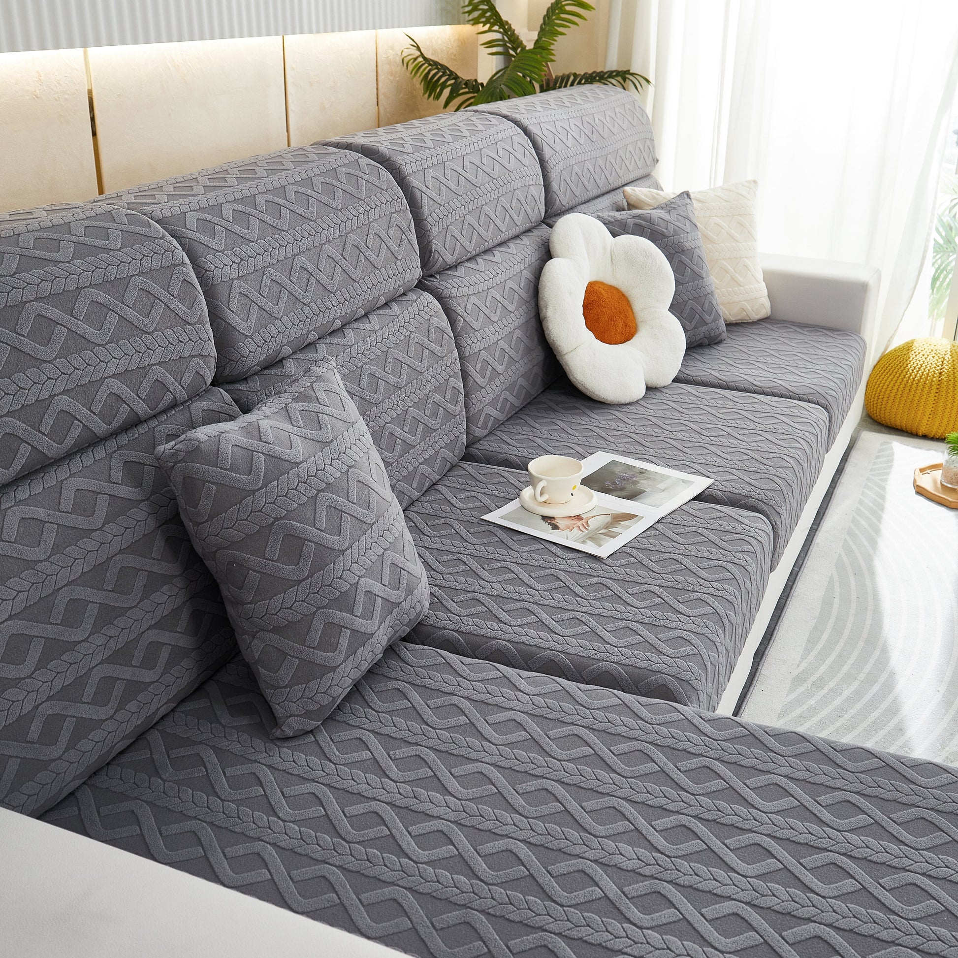 Stretch Couch Seat Cushion Covers, Sofa Slipcover Sofa Cover Soft Flexibility with Elastic Bottom on a grey sofa