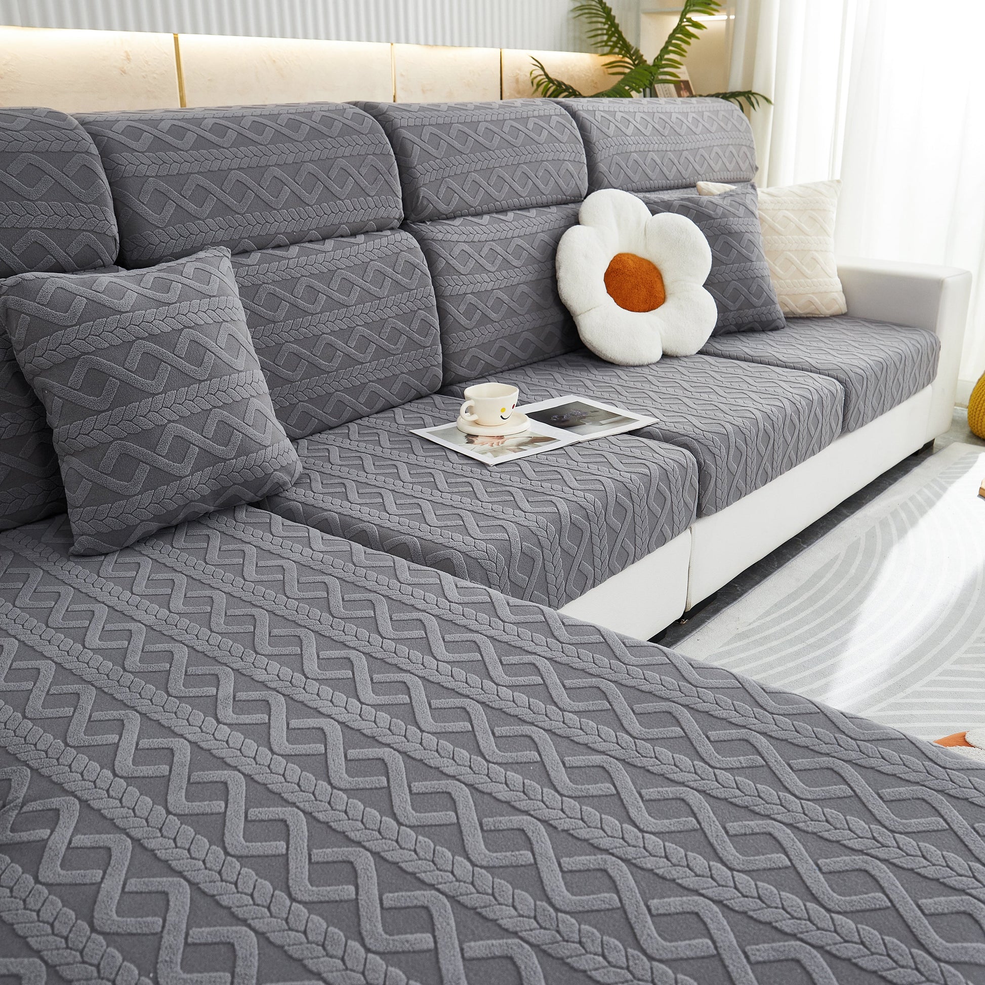 Stretch Couch Seat Cushion Covers, Sofa Slipcover Sofa Cover Soft Flexibility with Elastic Bottom on a gray patterned sofa.