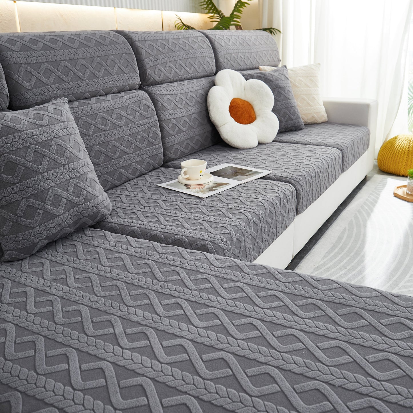 Stretch Couch Seat Cushion Covers, Sofa Slipcover Sofa Cover Soft Flexibility with Elastic Bottom on a grey patterned sofa