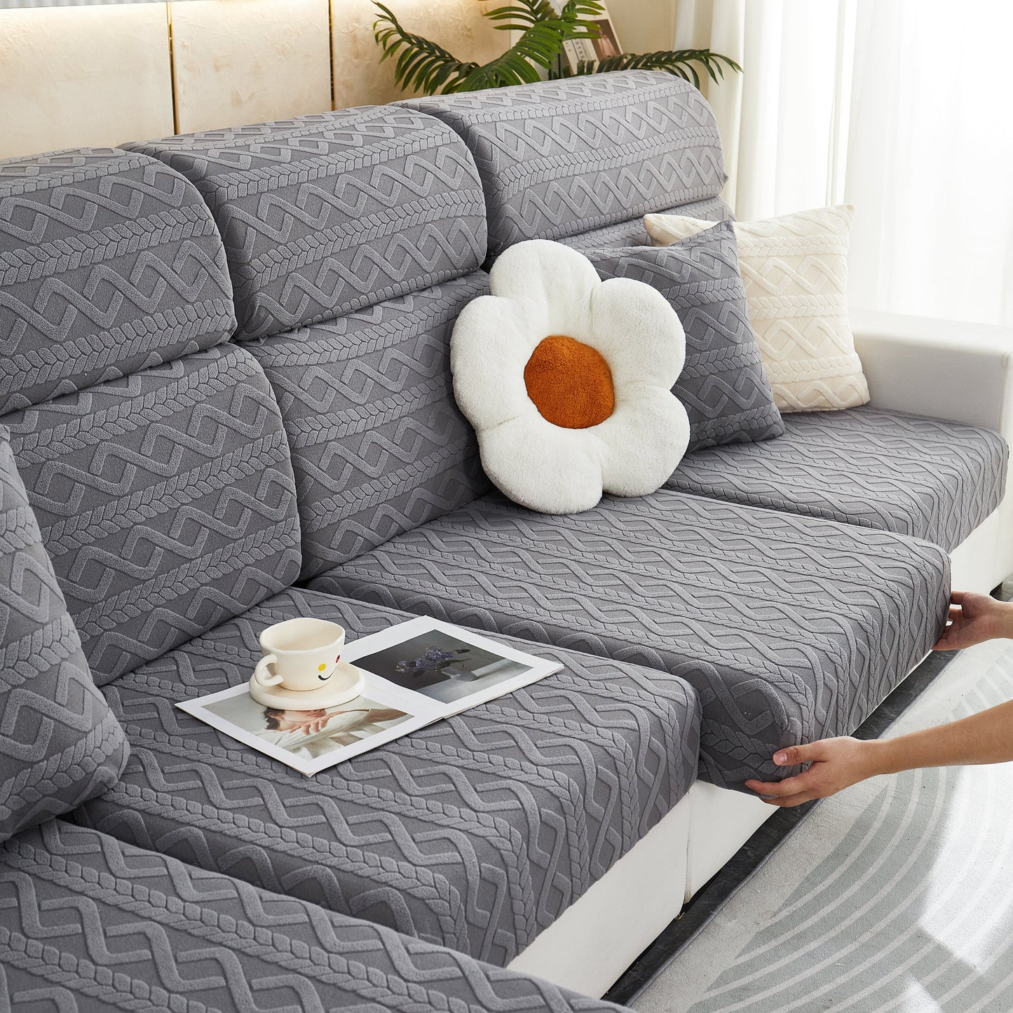 Stretch Couch Seat Cushion Covers, Sofa Slipcover Sofa Cover Soft Flexibility with Elastic Bottom in gray on a stylish sofa.