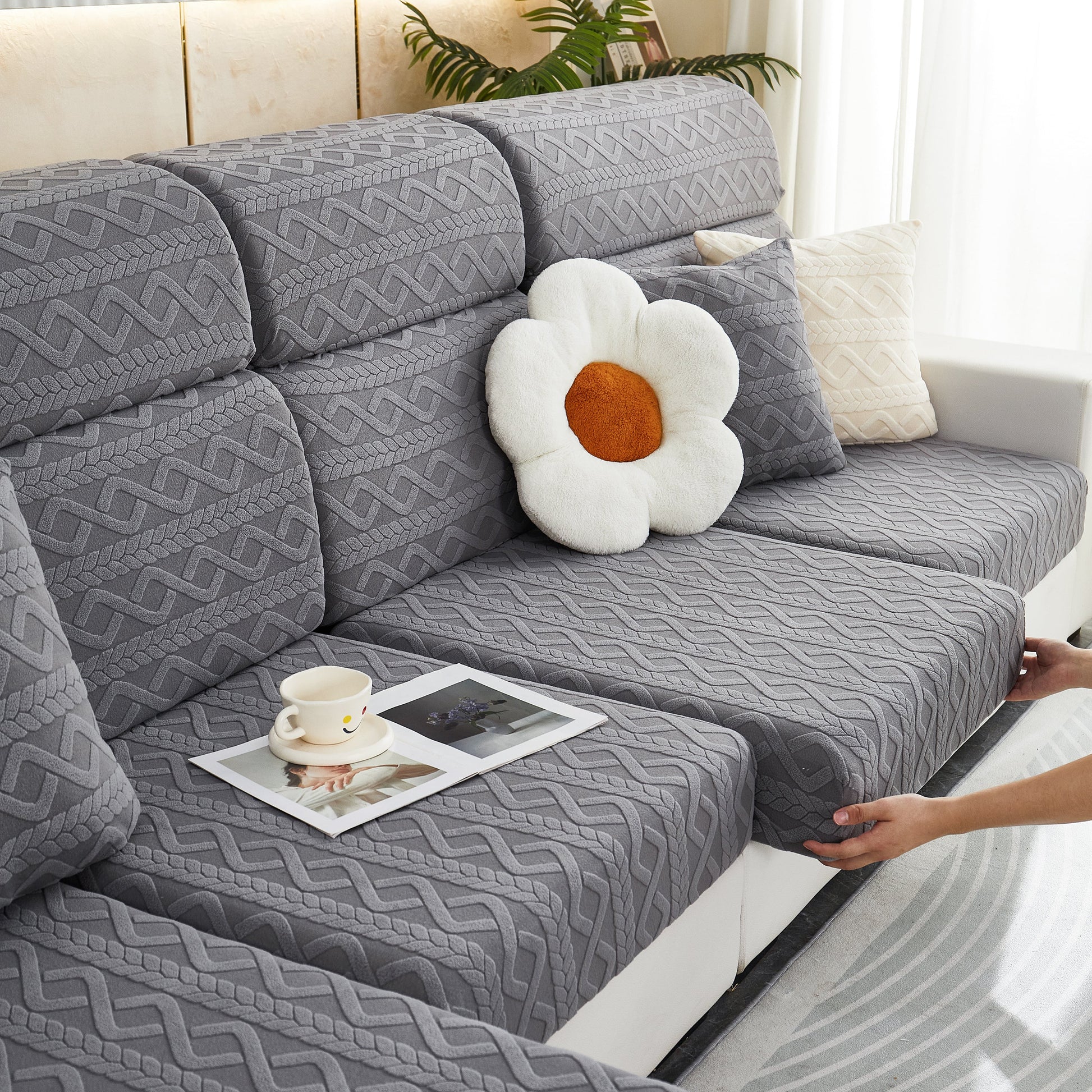Stretch Couch Seat Cushion Covers, Sofa Slipcover Sofa Cover Soft Flexibility with Elastic Bottom in gray on a stylish sofa.