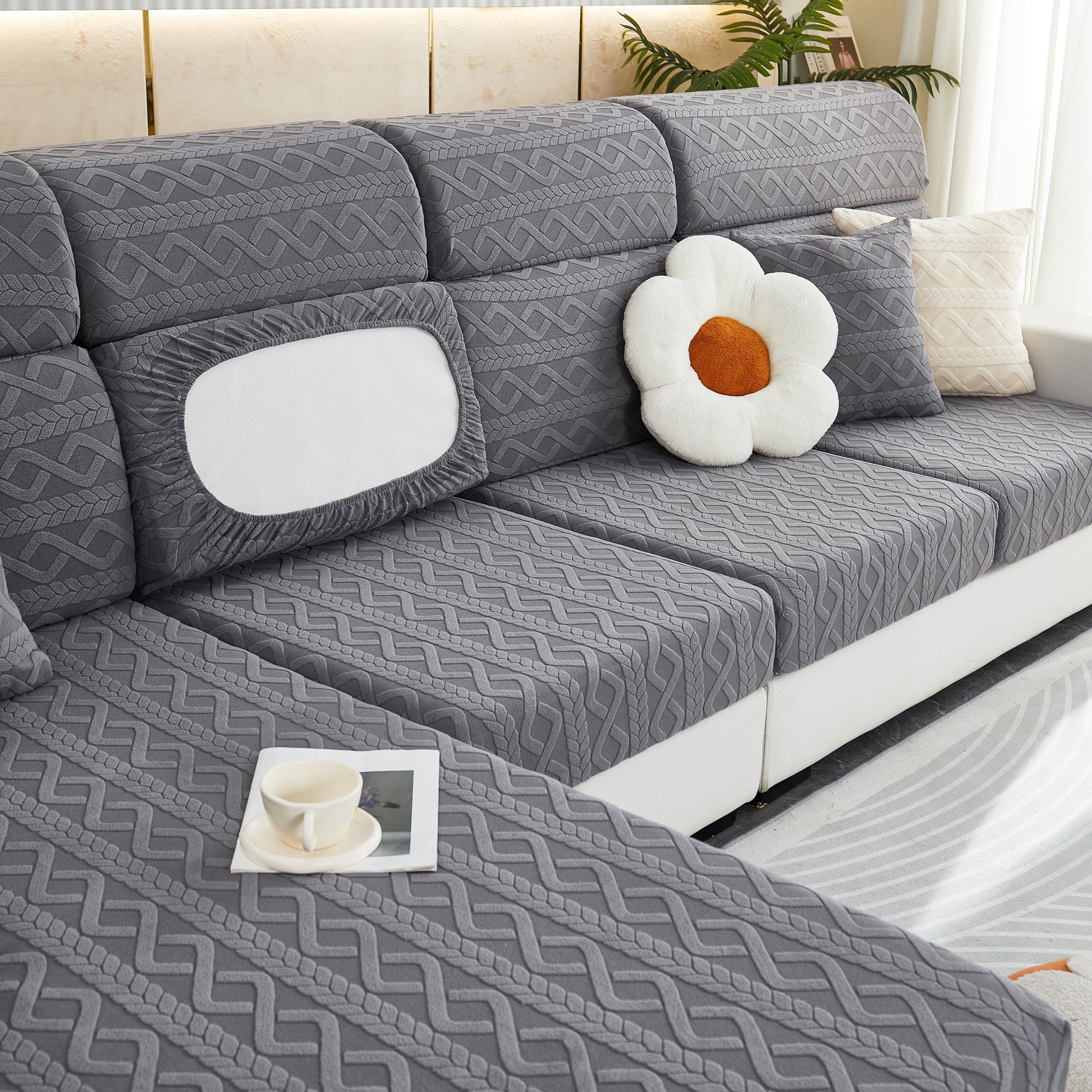 Stretch Couch Seat Cushion Covers, Sofa Slipcover with Soft Flexibility and Elastic Bottom on modern gray couch in living room.