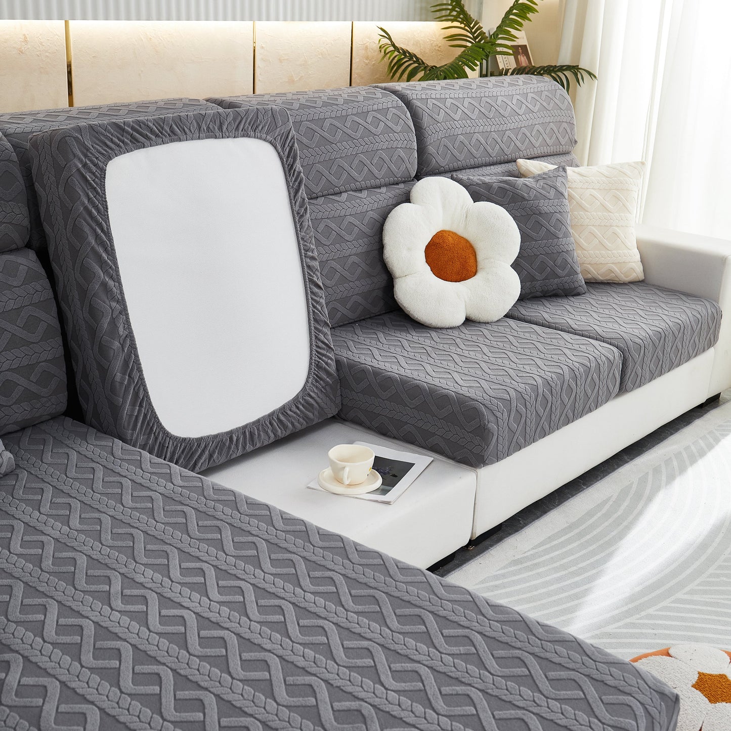 Stretch Couch Seat Cushion Covers, Sofa Slipcover Sofa Cover Soft Flexibility with Elastic Bottom in gray pattern on white sofa.