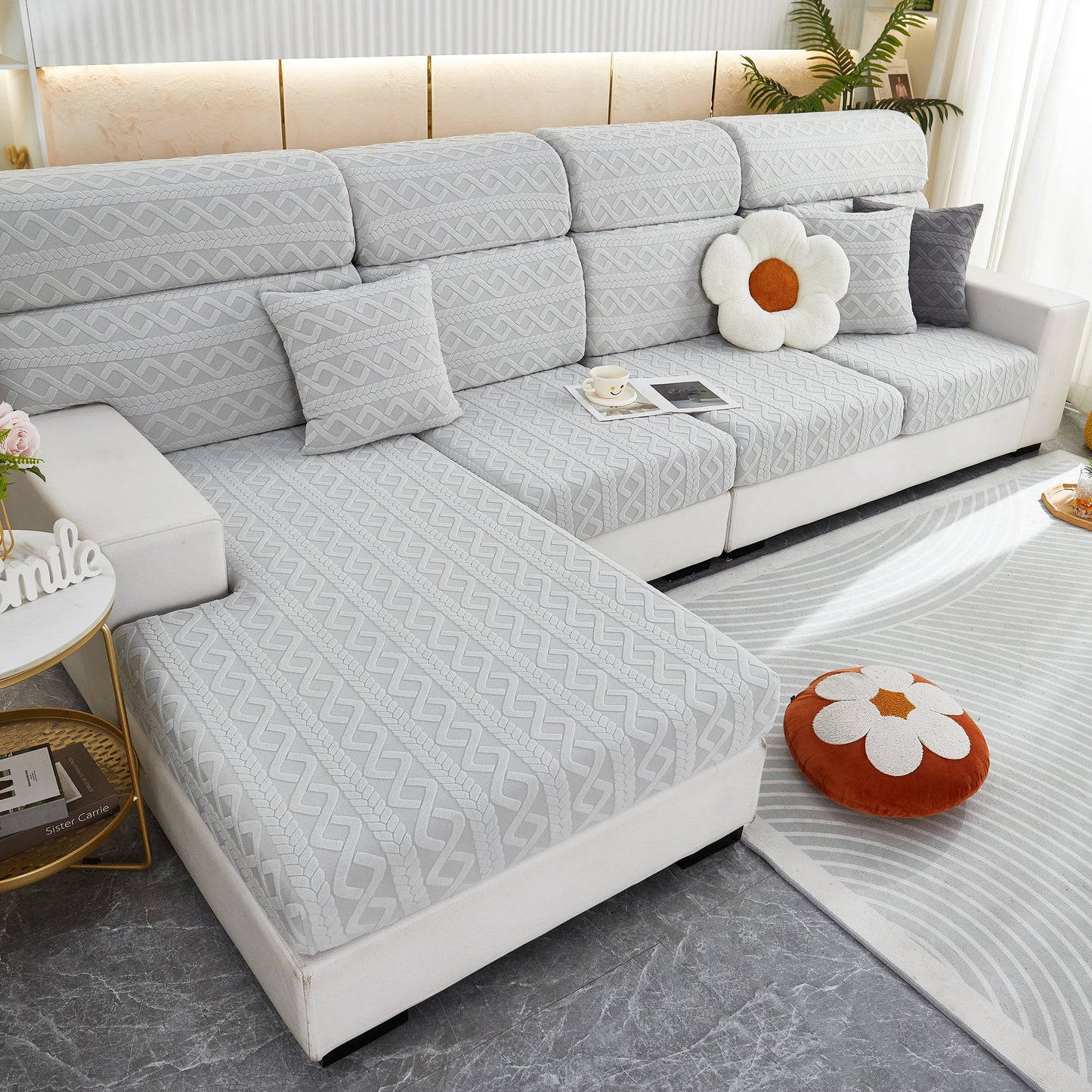 Stretch Couch Seat Cushion Covers, Sofa Slipcover Sofa Cover Soft Flexibility with Elastic Bottom on modern living room sofa.