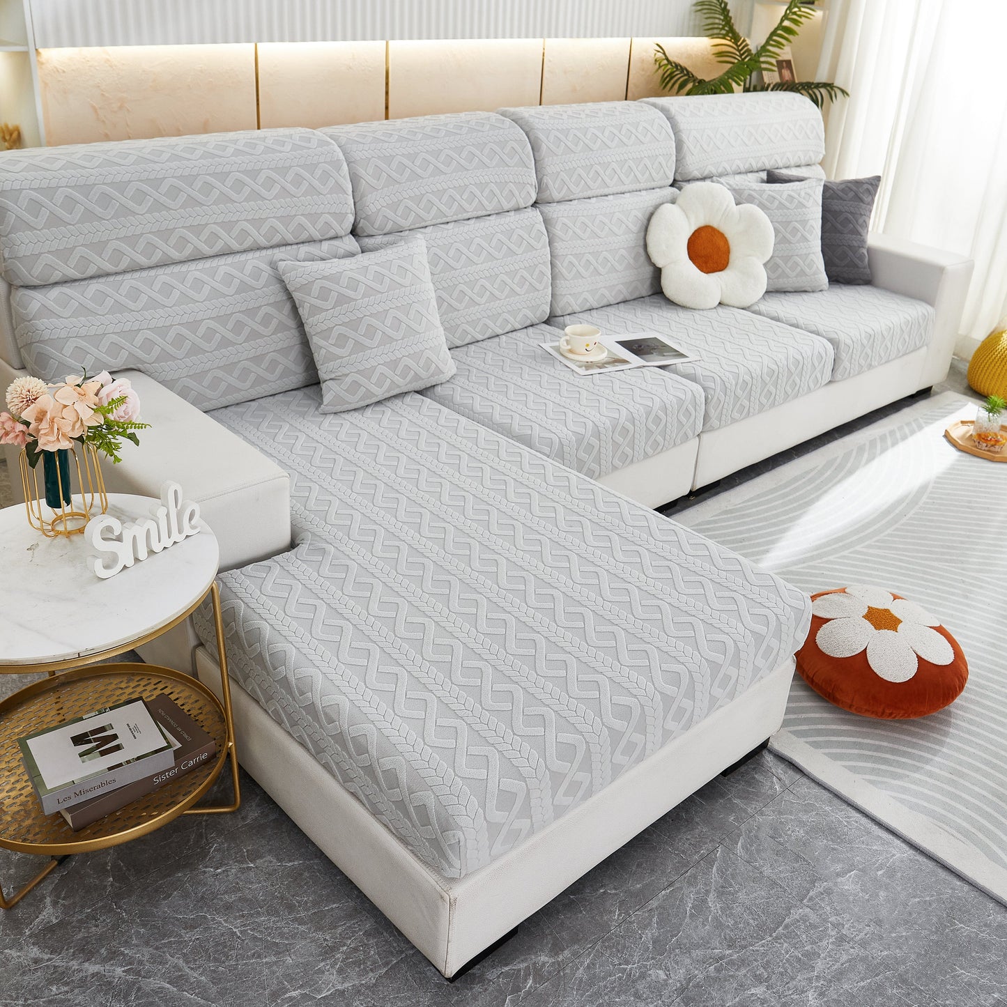 Stylish living room featuring a white sectional sofa with Stretch Couch Seat Cushion Covers, Sofa Slipcover Sofa Cover Soft Flexibility with Elastic Bottom.