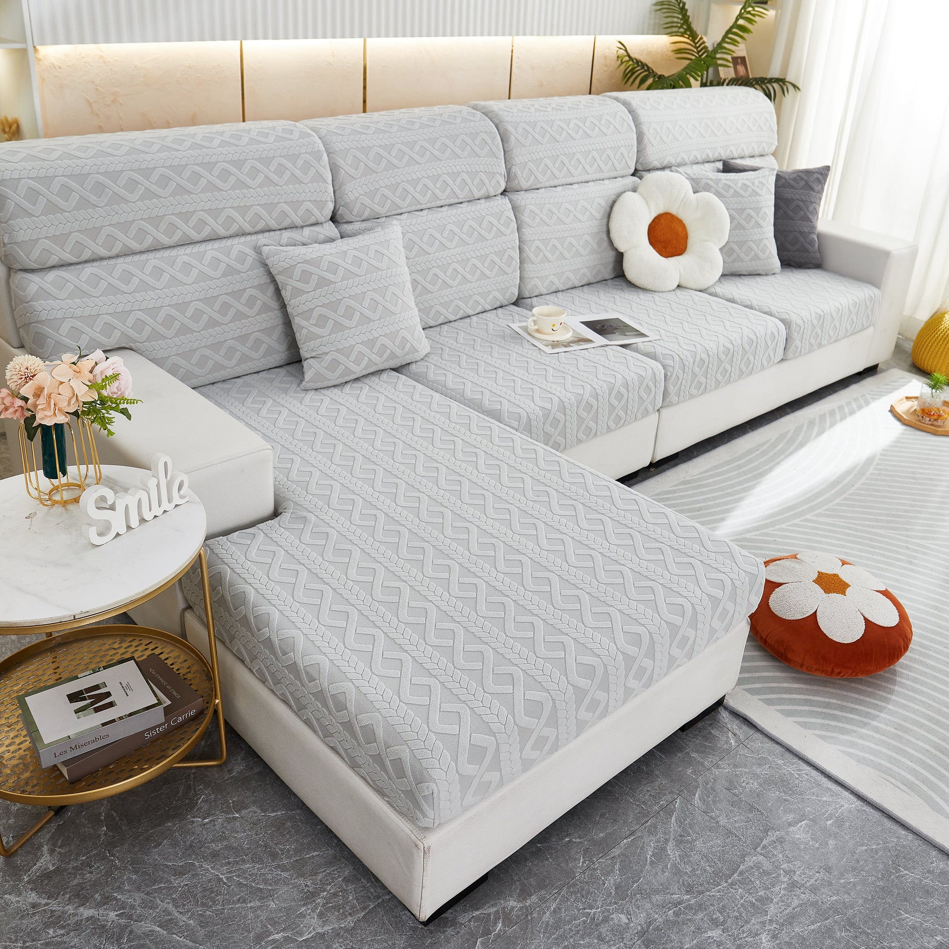 Stylish living room featuring a white sectional sofa with Stretch Couch Seat Cushion Covers, Sofa Slipcover Sofa Cover Soft Flexibility with Elastic Bottom.