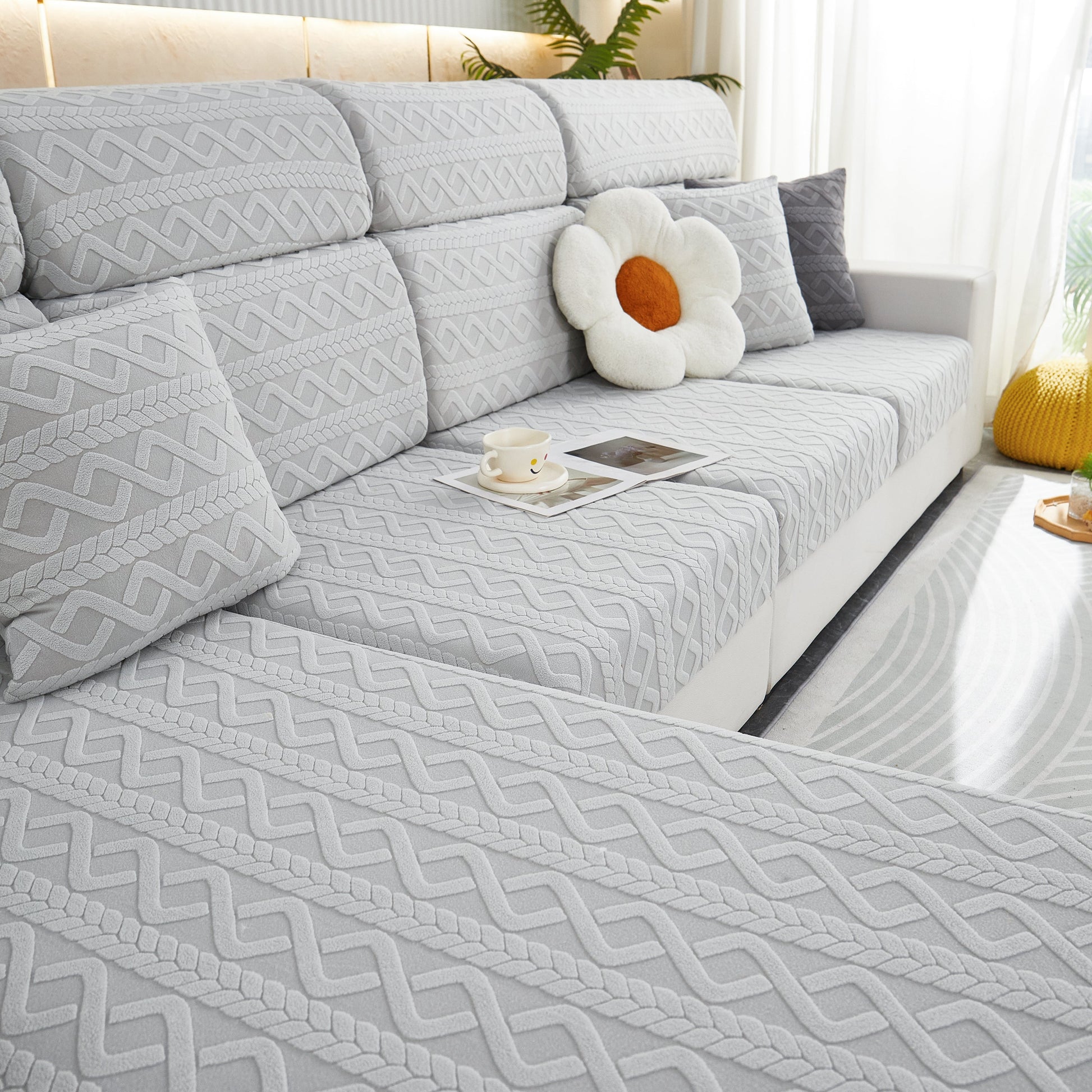 Elegant living room with Stretch Couch Seat Cushion Covers, Sofa Slipcover Sofa Cover Soft Flexibility with Elastic Bottom, geometric design.