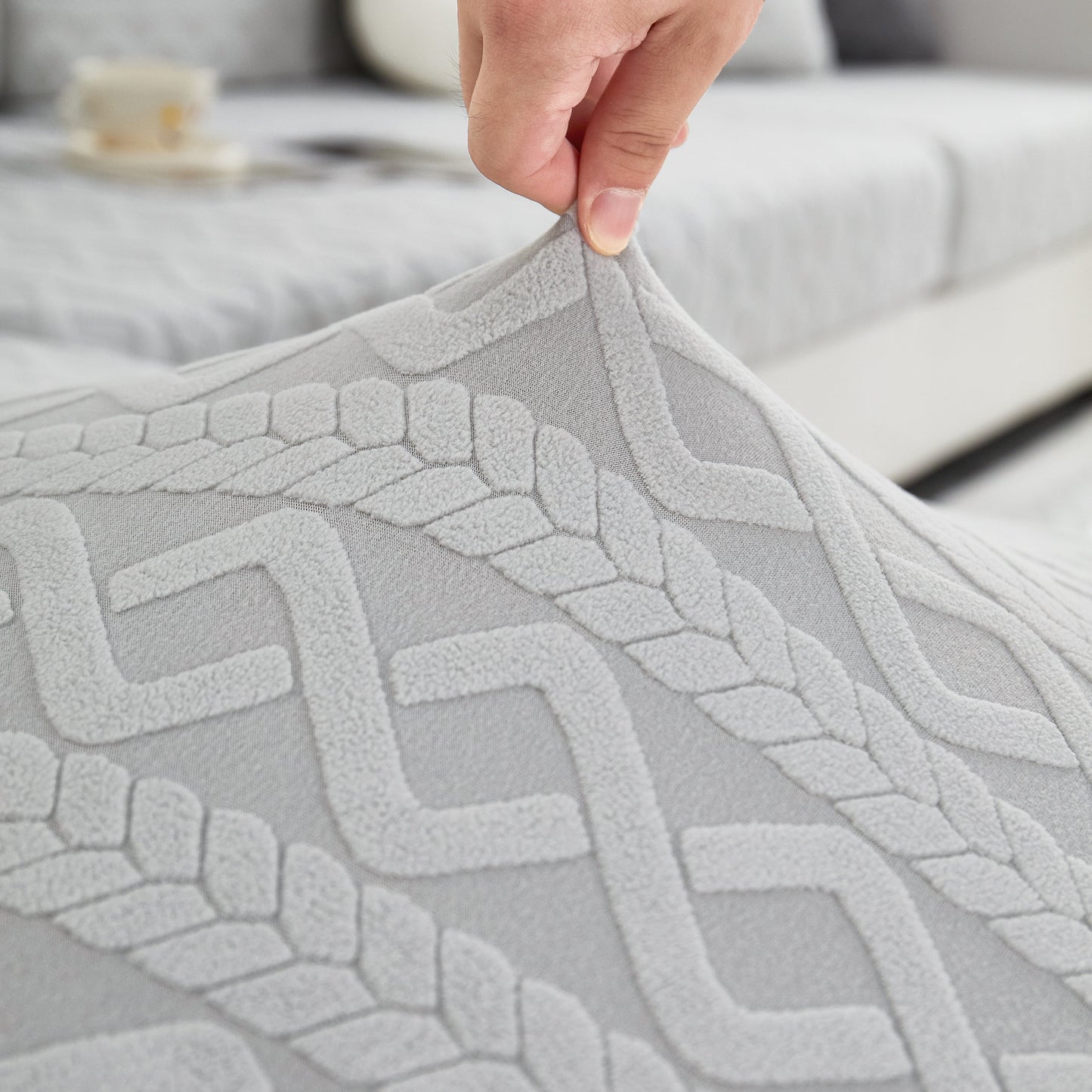 Close-up of Stretch Couch Seat Cushion Covers, Sofa Slipcover Sofa Cover Soft Flexibility with Elastic Bottom in textured pattern.