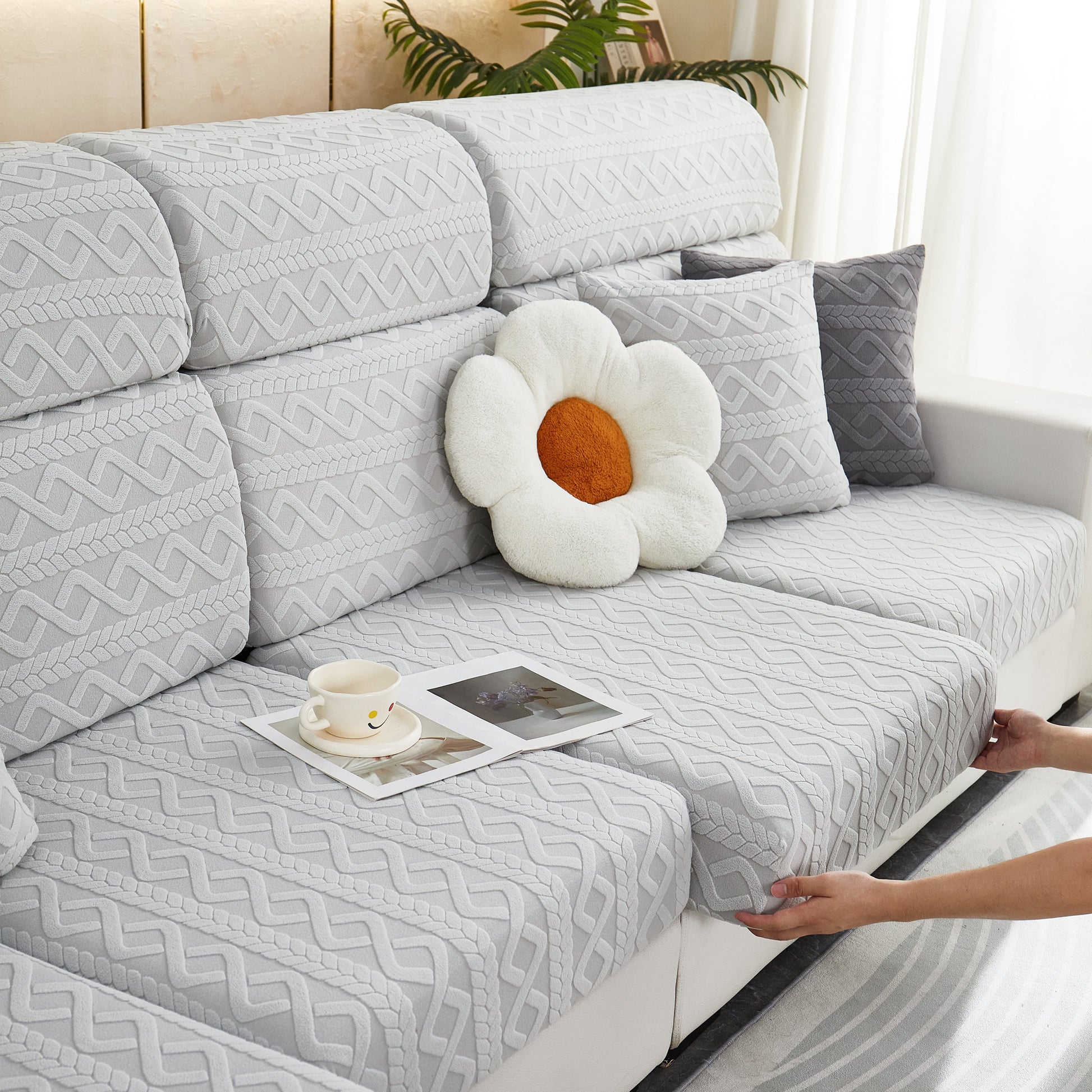 Stretch Couch Seat Cushion Covers, Sofa Slipcover Sofa Cover Soft Flexibility with Elastic Bottom in cozy living room setting.