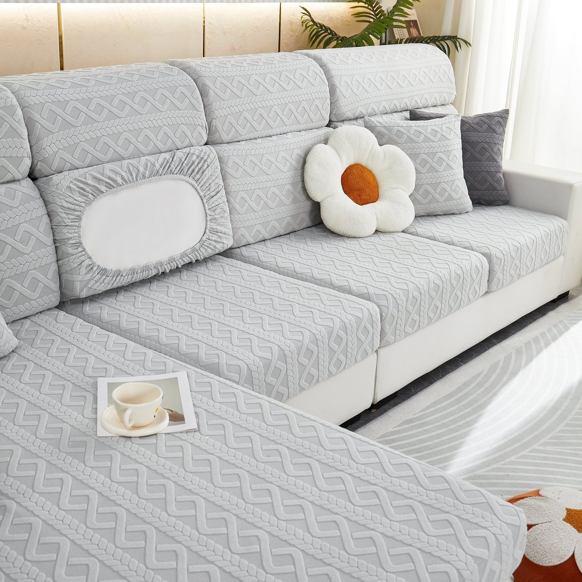 Stretch Couch Seat Cushion Covers, Sofa Slipcover Sofa Cover Soft Flexibility with Elastic Bottom on a modern gray sofa.