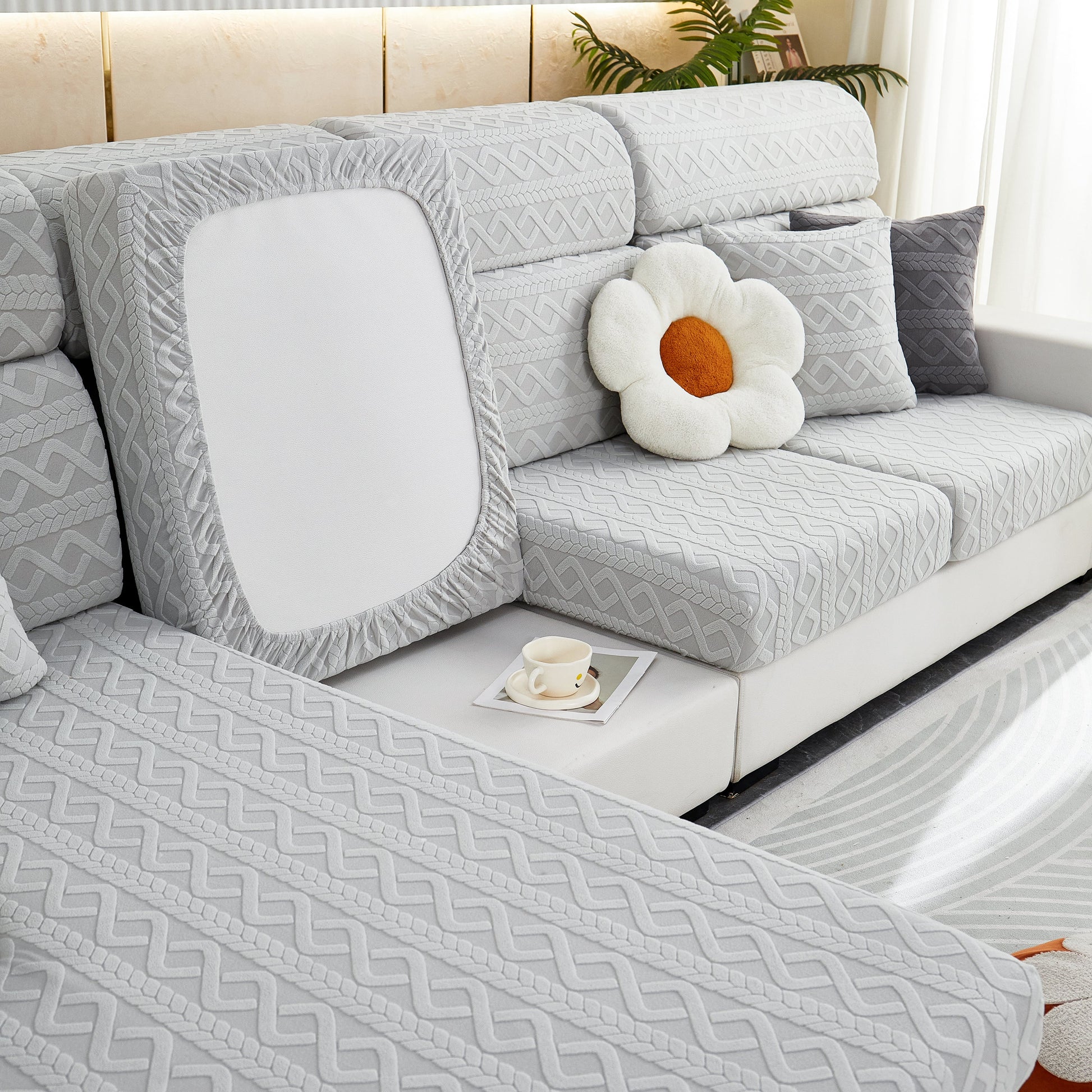 Stretch Couch Seat Cushion Covers, Sofa Slipcover Sofa Cover Soft Flexibility with Elastic Bottom in grey pattern on white sofa.