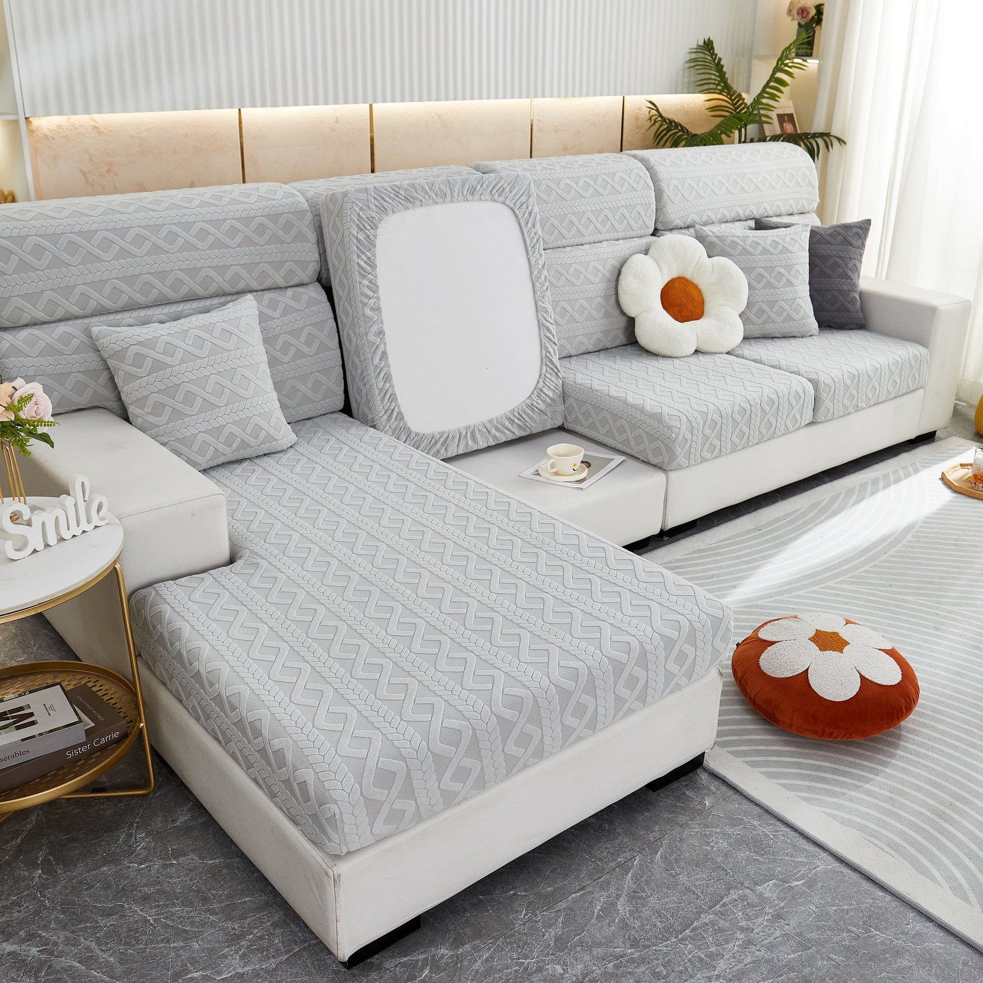 Stretch Couch Seat Cushion Covers, Sofa Slipcover Sofa Cover Soft Flexibility with Elastic Bottom in stylish gray pattern