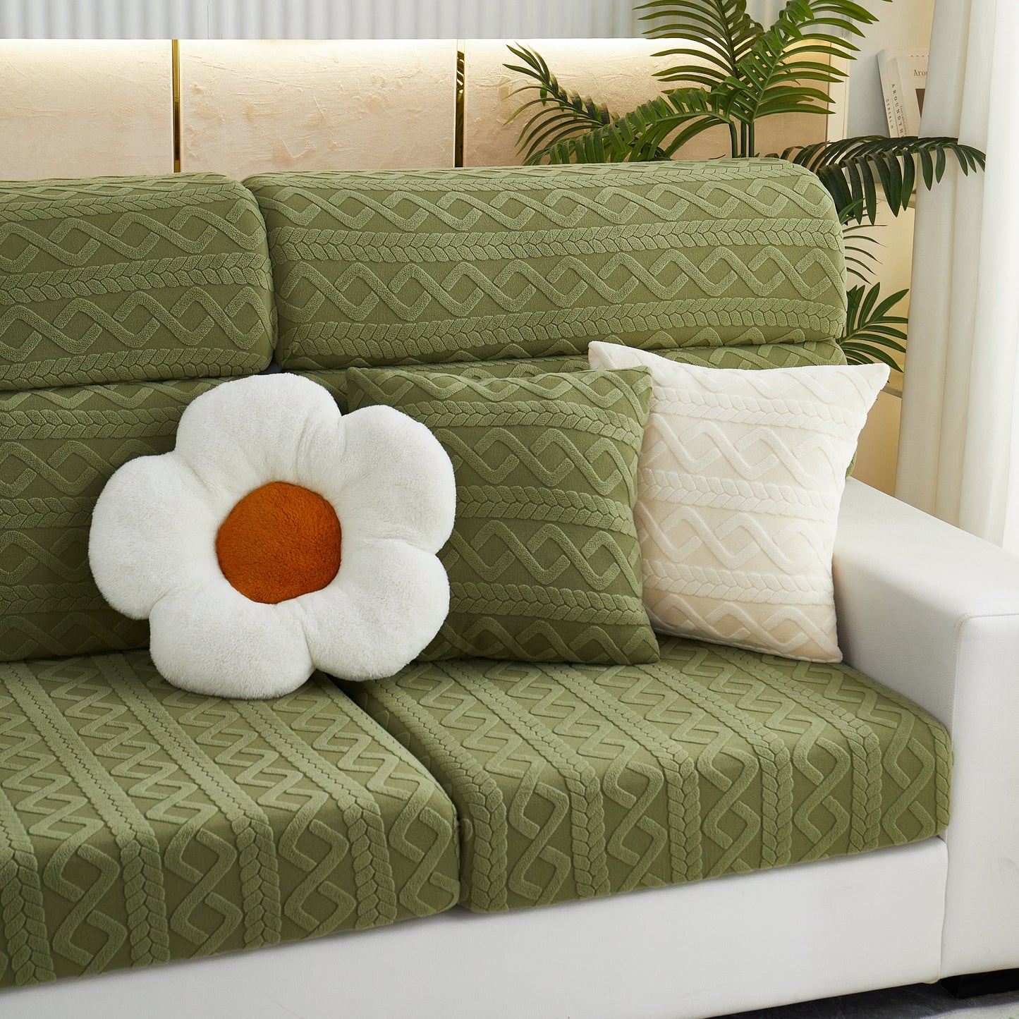 Stretch Couch Seat Cushion Covers, Sofa Slipcover Sofa Cover Soft Flexibility with Elastic Bottom in green fabric on a sofa.