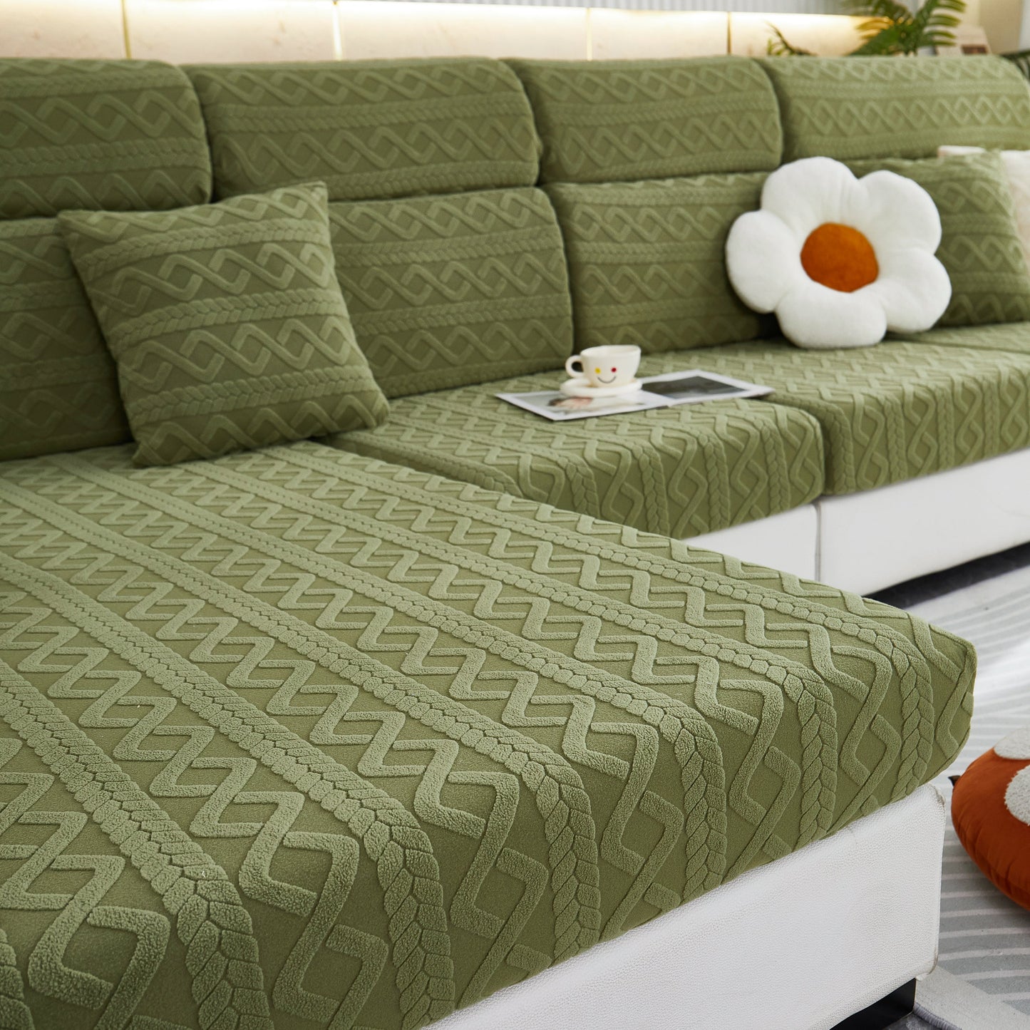 Stretch Couch Seat Cushion Covers, Sofa Slipcover Sofa Cover Soft Flexibility with Elastic Bottom in green pattern
