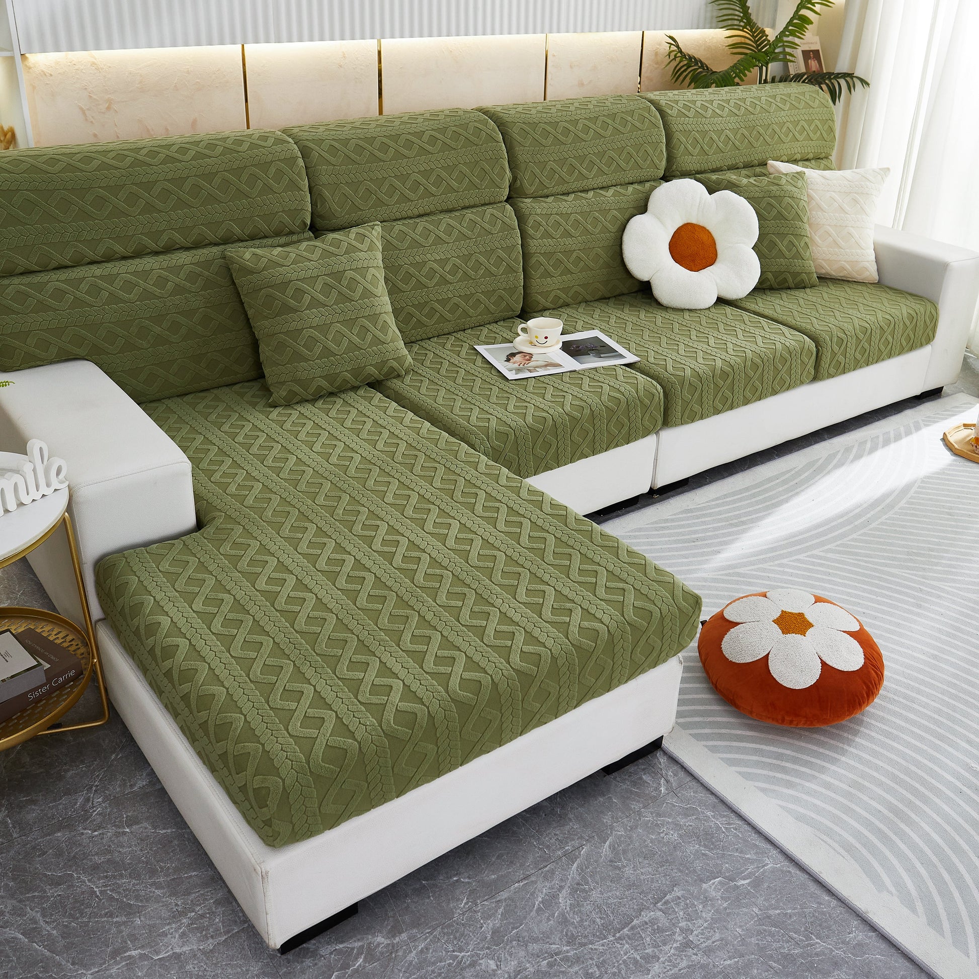 Green Stretch Couch Seat Cushion Covers, Sofa Slipcover Sofa Cover Soft Flexibility with Elastic Bottom on white sectional sofa
