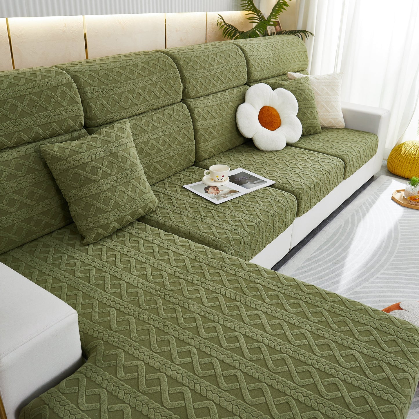 Green sofa with Stretch Couch Seat Cushion Covers, Sofa Slipcover Sofa Cover Soft Flexibility with Elastic Bottom in living room setting
