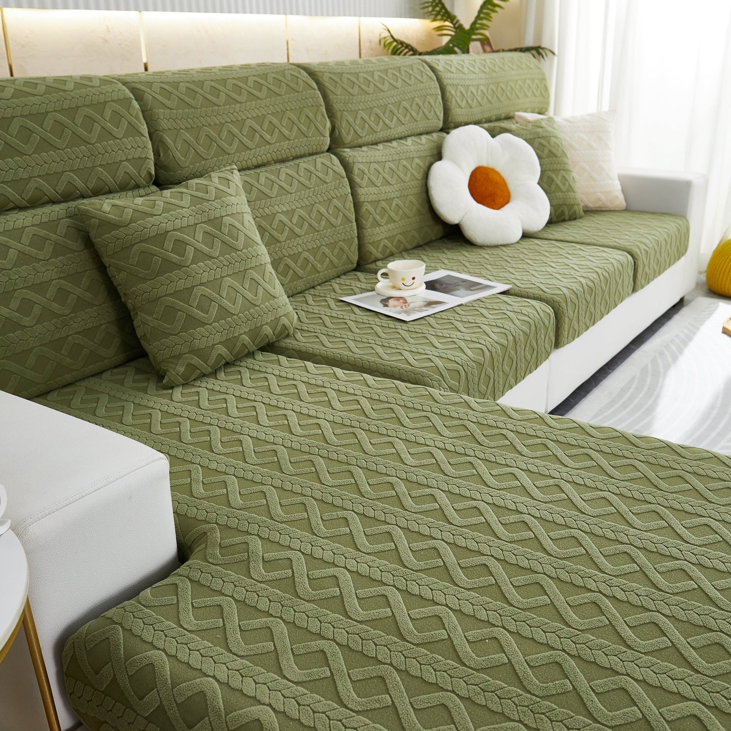 Green sofa with Stretch Couch Seat Cushion Covers, Sofa Slipcover Sofa Cover Soft Flexibility with Elastic Bottom in living room.