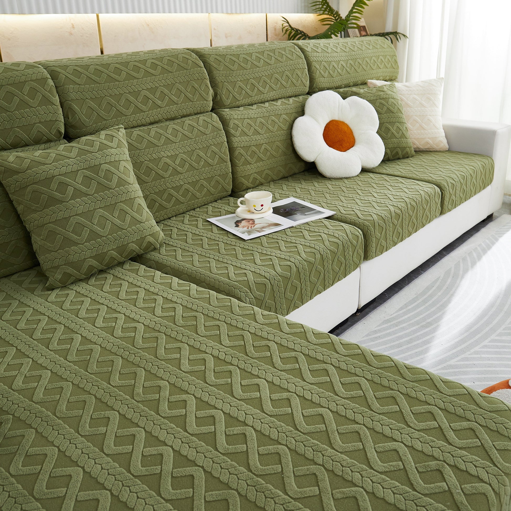 Green Stretch Couch Seat Cushion Covers, Sofa Slipcover Sofa Cover Soft Flexibility with Elastic Bottom on a modern sofa