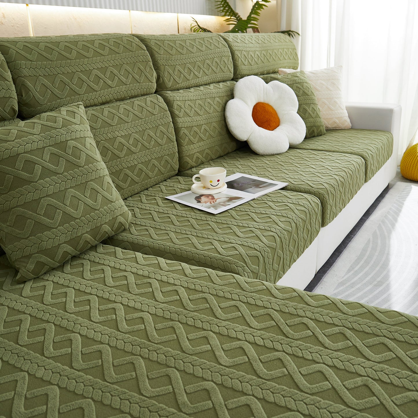 Stretch Couch Seat Cushion Covers, Sofa Slipcover Sofa Cover Soft Flexibility with Elastic Bottom in green living room setting.
