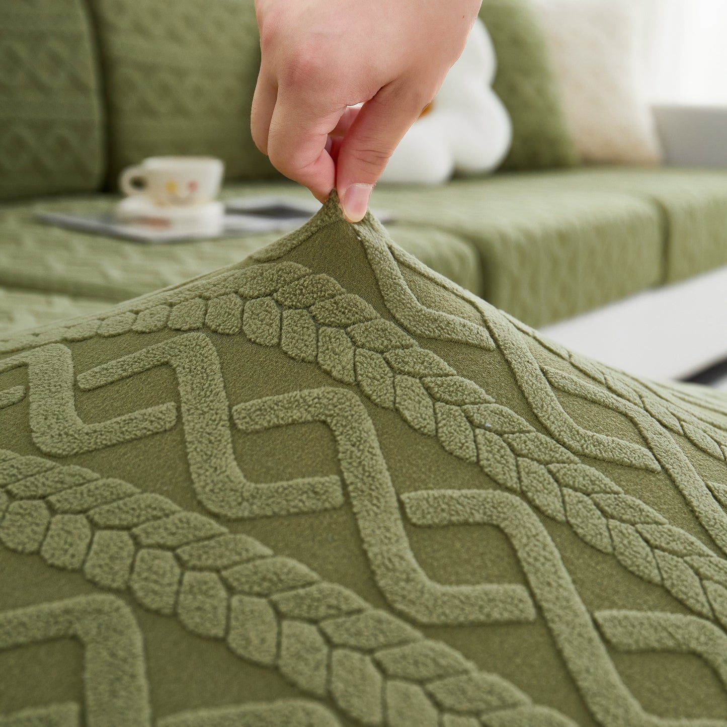 Stretch Couch Seat Cushion Covers, Sofa Slipcover Sofa Cover Soft Flexibility with Elastic Bottom in green pattern texture.