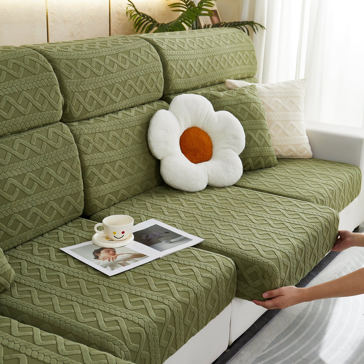 Living room with Stretch Couch Seat Cushion Covers, Sofa Slipcover Sofa Cover Soft Flexibility with Elastic Bottom in green