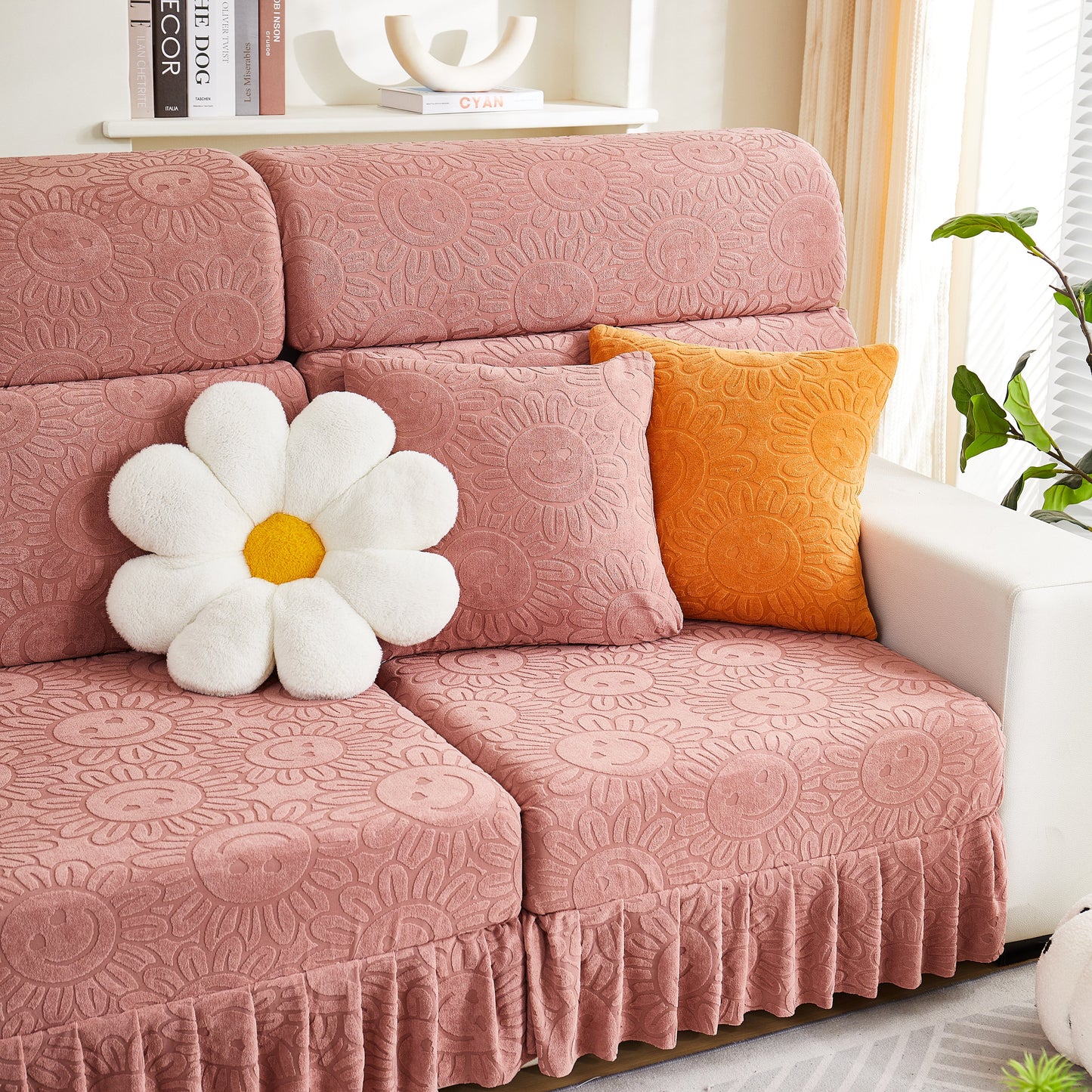 Sofa Seat Cover, Sunflower Patterned Elastic Skirted Couch Cushion Covers for 1/2/3/4-Seater Sofas on pink sofa with pillows.