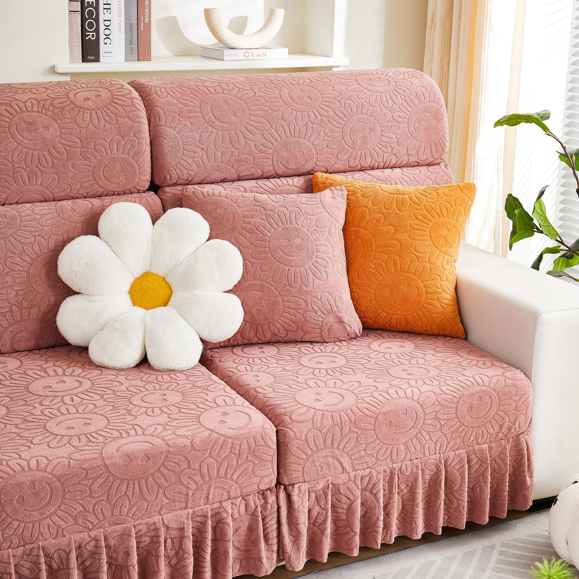 Sofa Seat Cover, Sunflower Patterned Elastic Skirted Couch Cushion Covers for 1/2/3/4-Seater Sofas on pink sofa with pillows.