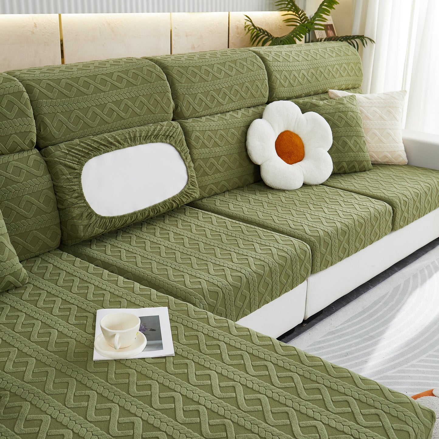 Stretch Couch Seat Cushion Covers, Sofa Slipcover Sofa Cover Soft Flexibility with Elastic Bottom on a green patterned couch