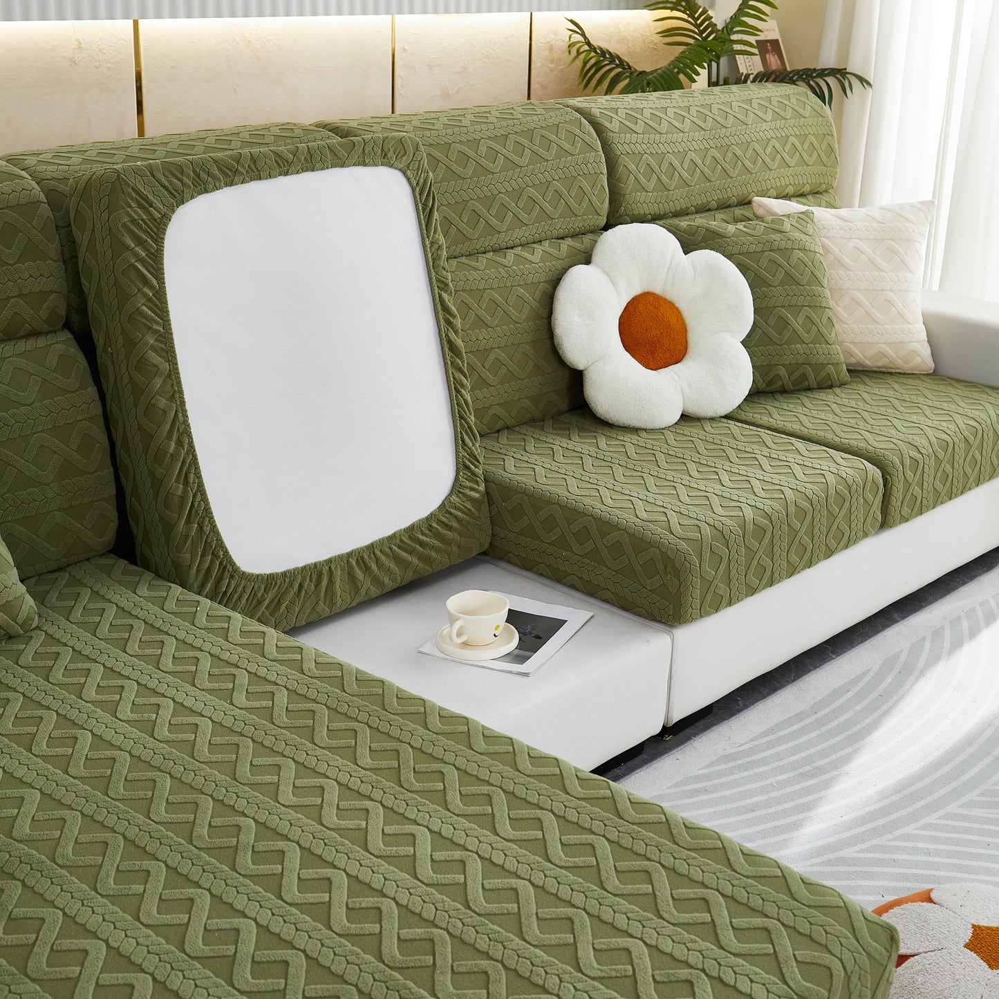 Stretch Couch Seat Cushion Covers, Sofa Slipcover Sofa Cover Soft Flexibility with Elastic Bottom in green fabric on modern sofa