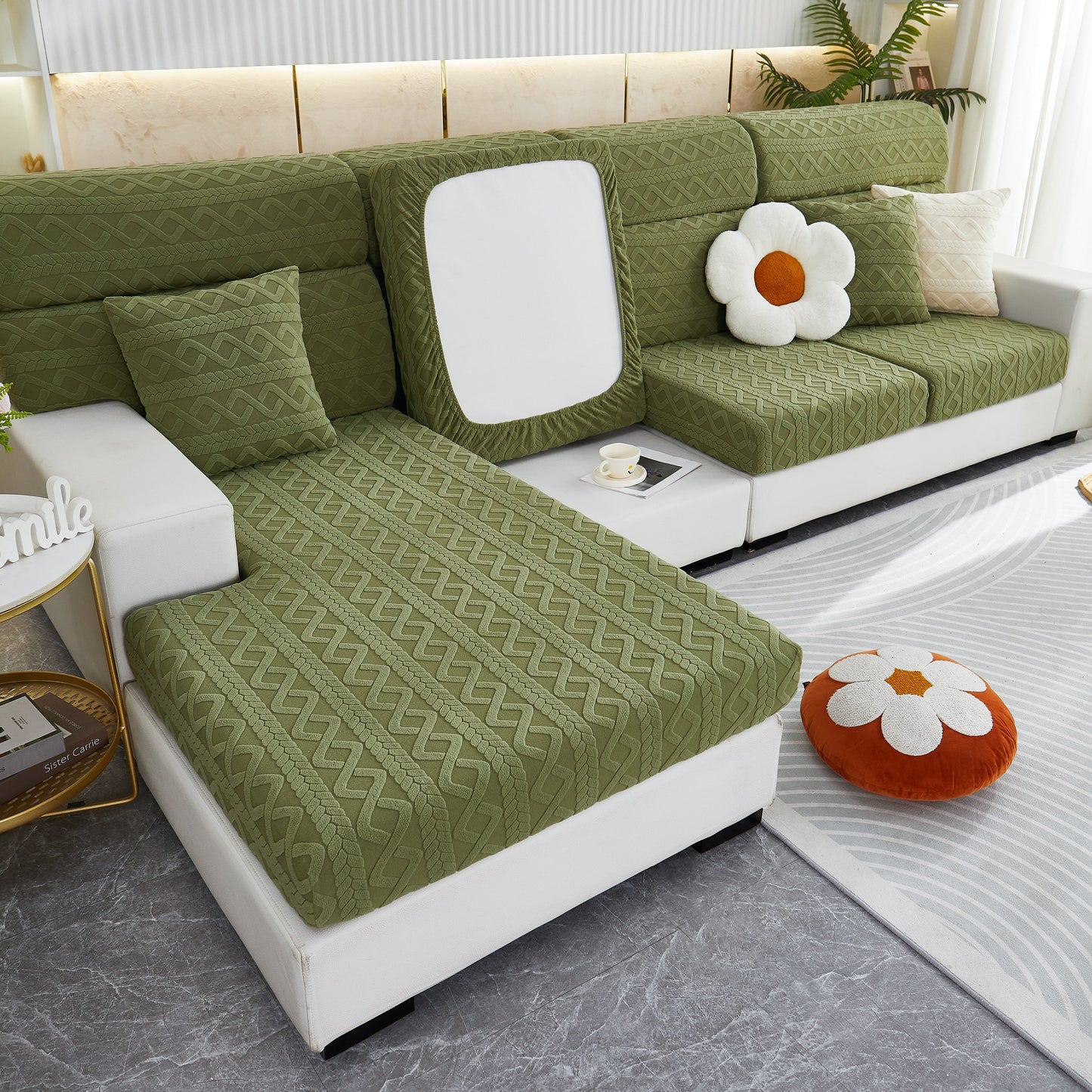 Stretch Couch Seat Cushion Covers, Sofa Slipcover Sofa Cover Soft Flexibility with Elastic Bottom on green sofa