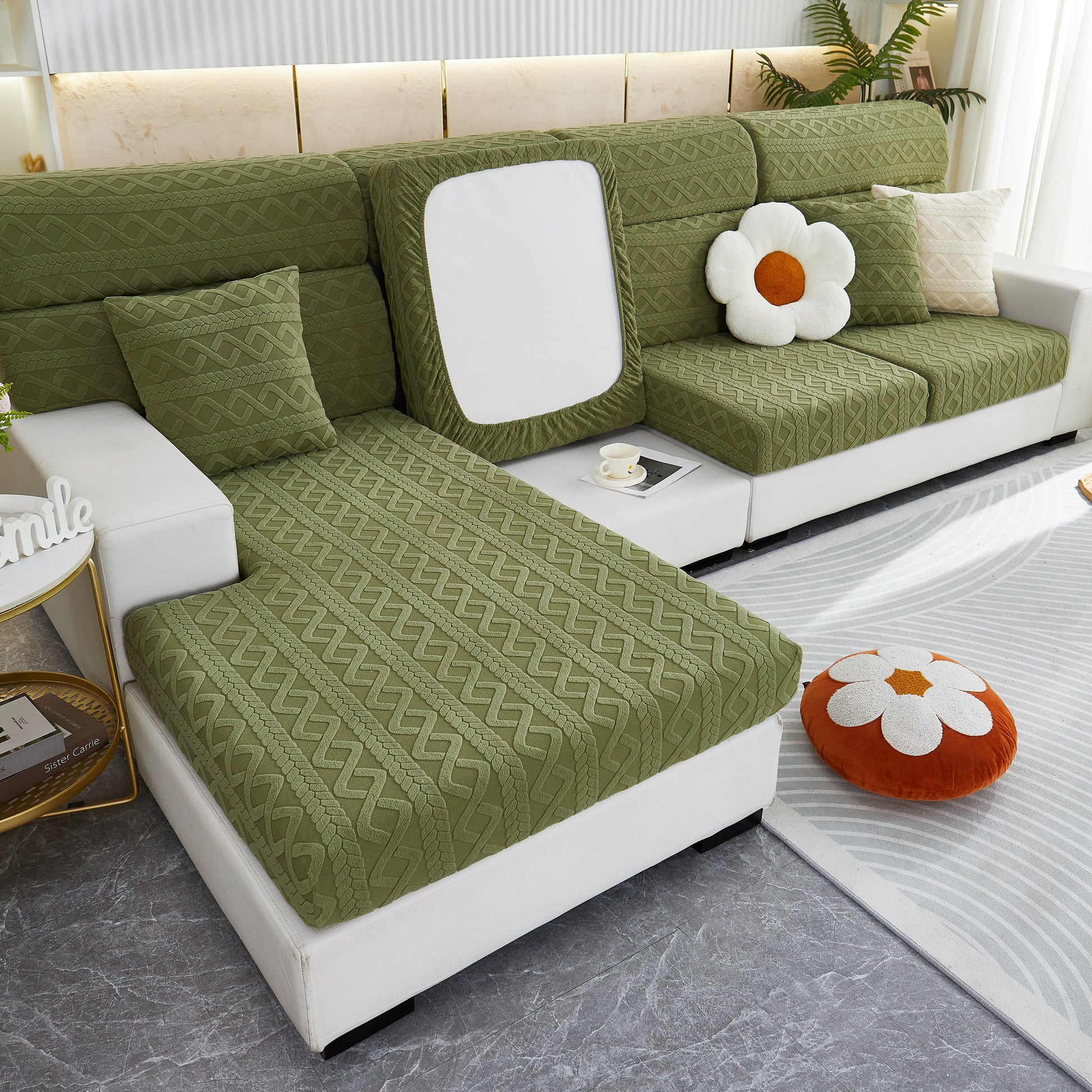 Stretch Couch Seat Cushion Covers, Sofa Slipcover Sofa Cover Soft Flexibility with Elastic Bottom on green sofa