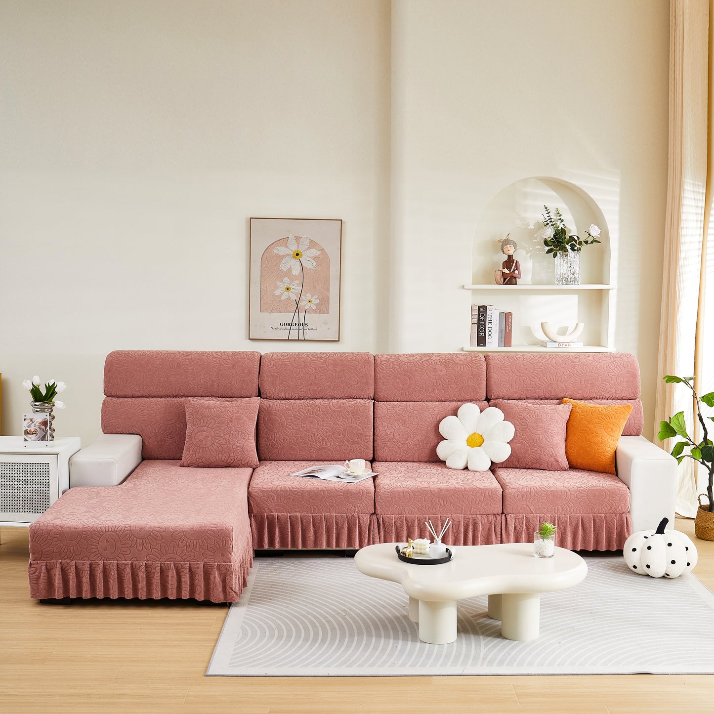 Sofa Seat Cover, Sunflower Patterned Elastic Skirted Couch Cushion Covers for 1/2/3/4-Seater Sofas displayed in living room.