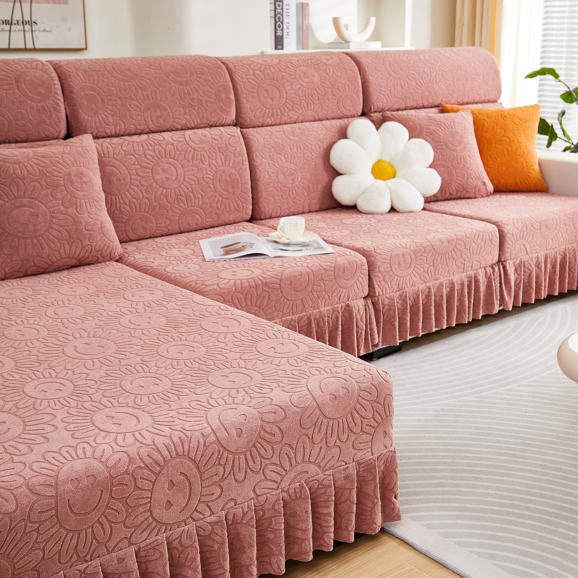 Sofa Seat Cover, Sunflower Patterned Elastic Skirted Couch Cushion Covers for 1/2/3/4-Seater Sofas on a modern sofa