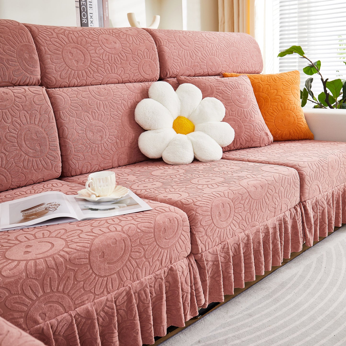 Sofa Seat Cover, Sunflower Patterned Elastic Skirted Couch Cushion Covers for 1/2/3/4-Seater Sofas with decorative cushion.