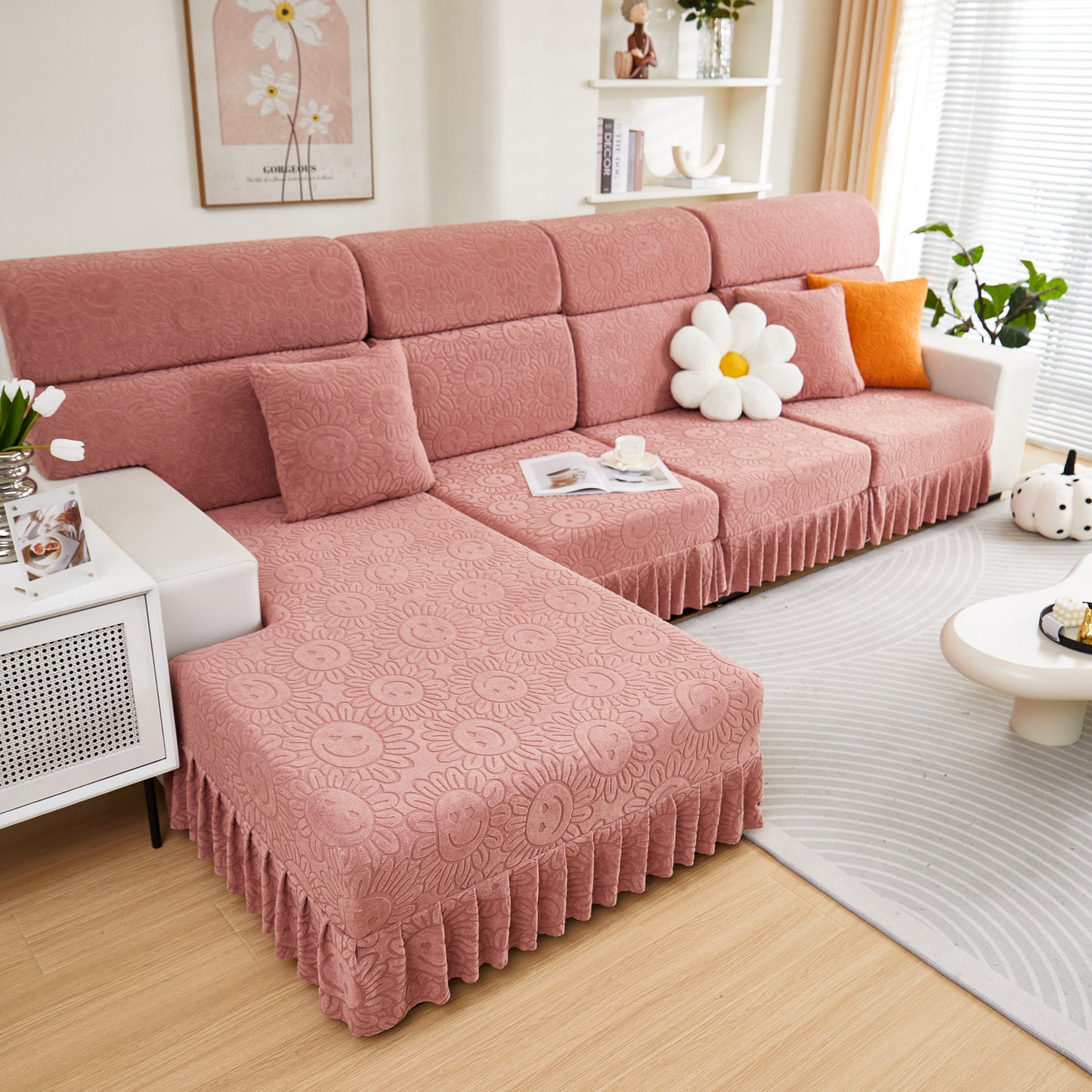Sofa Seat Cover, Sunflower Patterned Elastic Skirted Couch Cushion Covers for 1/2/3/4-Seater Sofas shown in modern living room