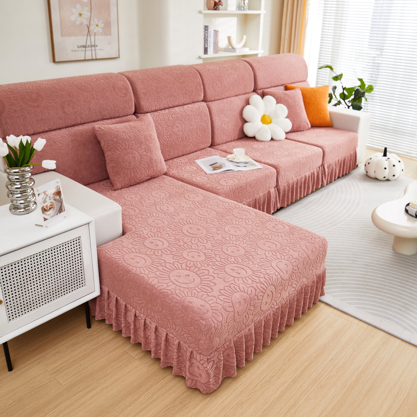Sofa Seat Cover, Sunflower Patterned Elastic Skirted Couch Cushion Covers for 1/2/3/4-Seater Sofas in living room decor