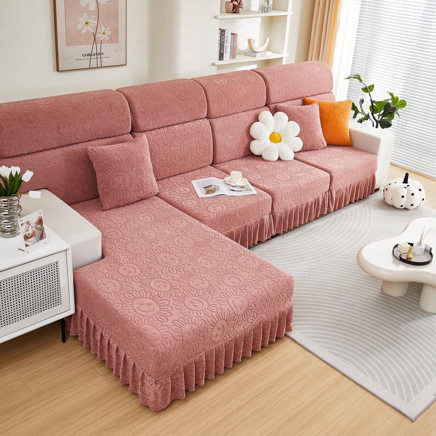 Sofa Seat Cover, Sunflower Patterned Elastic Skirted Couch Cushion Covers for 1/2/3/4-Seater Sofas displayed in a stylish room.