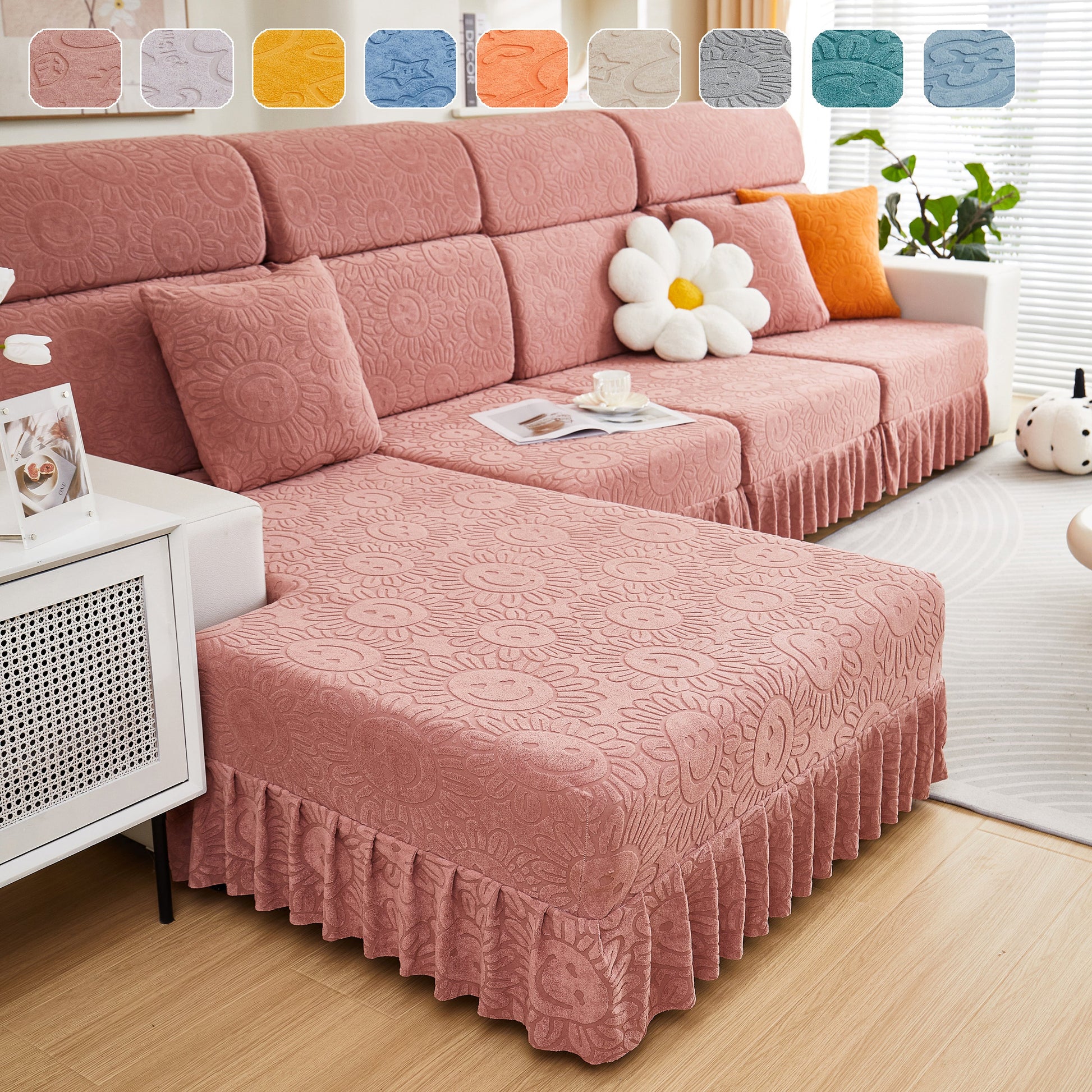 Sofa Seat Cover, Sunflower Patterned Elastic Skirted Couch Cushion Covers for 1/2/3/4-Seater Sofas in a stylish living room setting
