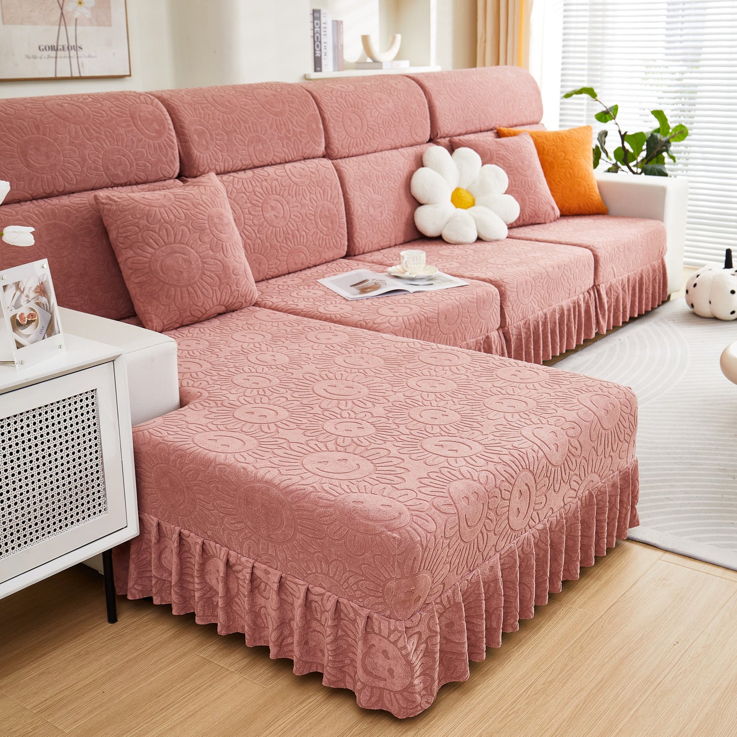 Sofa Seat Cover, Sunflower Patterned Elastic Skirted Couch Cushion Covers for 1/2/3/4-Seater Sofas in modern living room decor