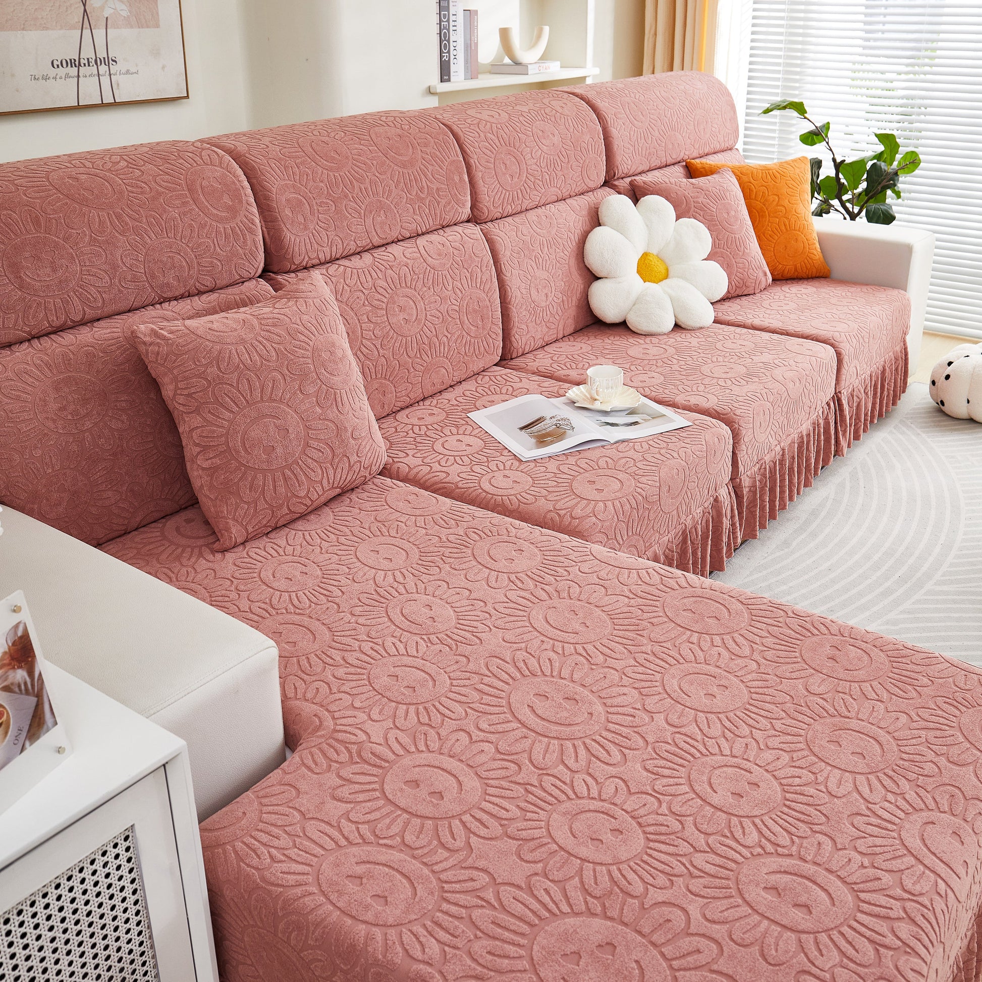 Sofa Seat Cover, Sunflower Patterned Elastic Skirted Couch Cushion Covers for 1/2/3/4-Seater Sofas in a stylish living room setup