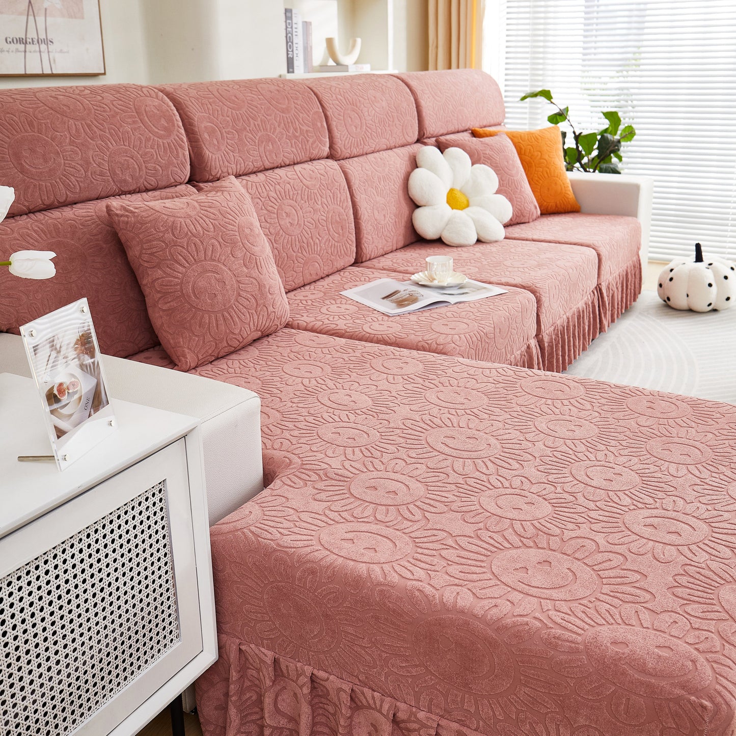 Sofa Seat Cover, Sunflower Patterned Elastic Skirted Couch Cushion Covers for 1/2/3/4-Seater Sofas in a living room setting